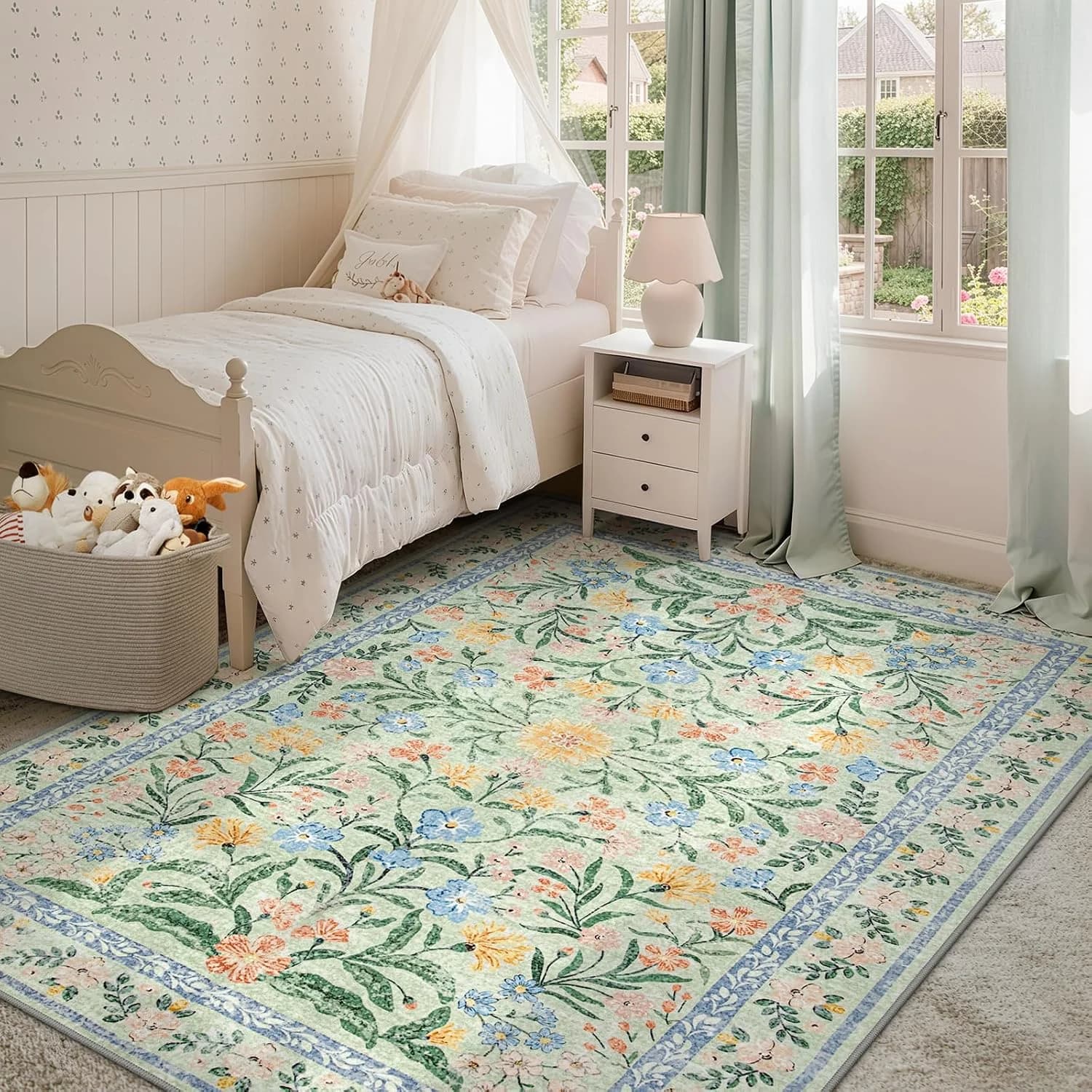 Morebes Washable 5x7 Area Rugs, Boho Pink and Green Floral Rugs for Living Room Non Slip, Soft Flower Indoor Floor Carpe
