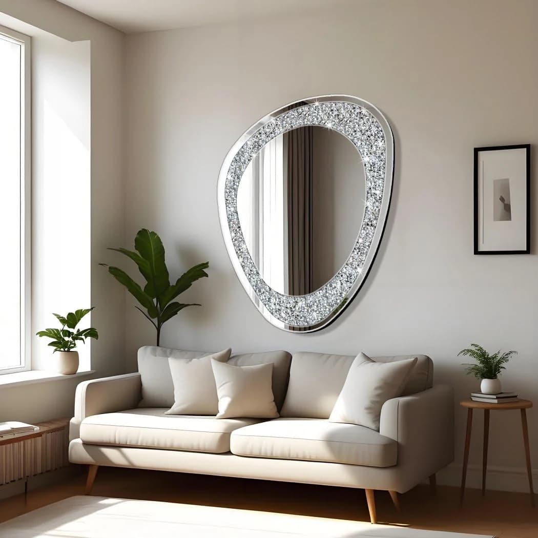 DMDFIRST Modern Irregular Shaped Wall Mirror – 32x23.5 Inch Decorative Oval Diamond Decor Mirror for Living Room, Bedroo