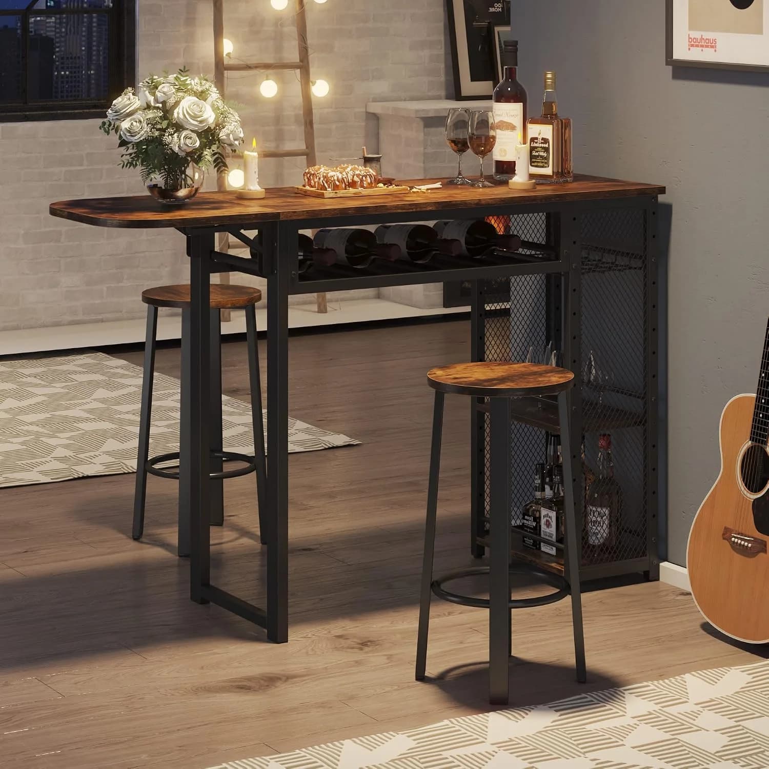 Bestier Expandable Bar Table and Chair Set, 2 Bar Stools, Rustic Brown