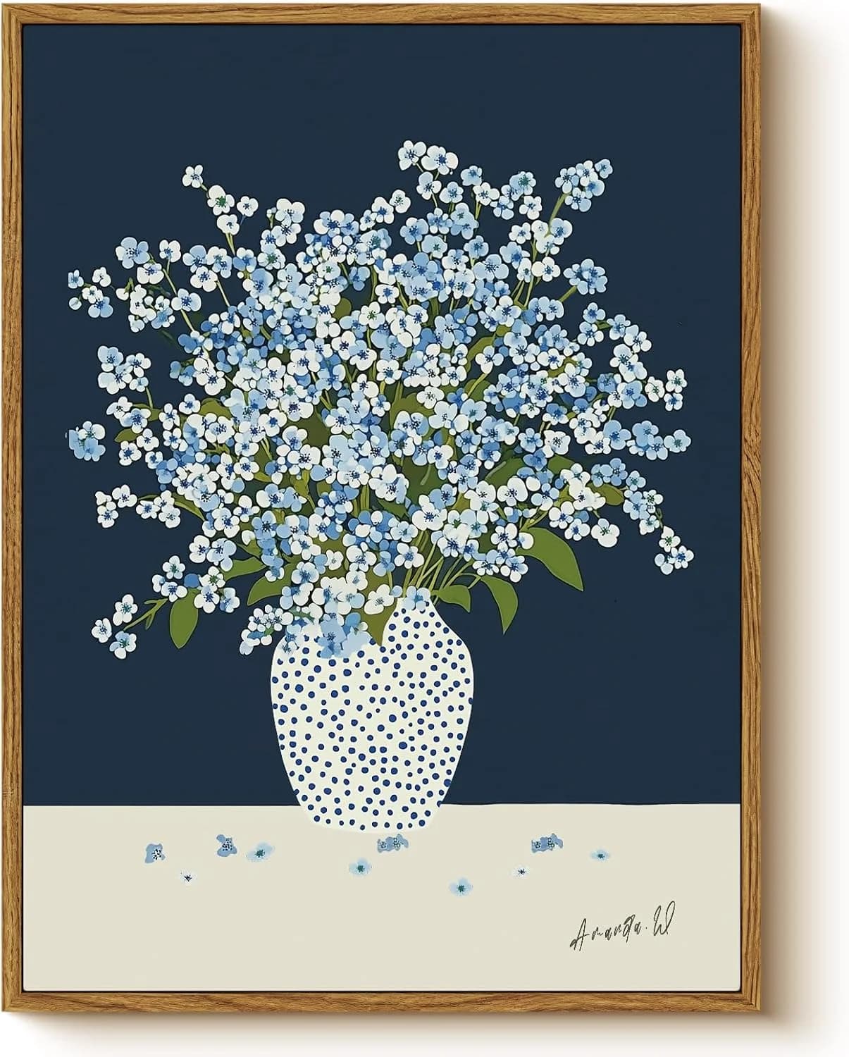 Vintage Framed Floral Wall Art 12x16, Blue White Baby’s Breath Flower in Polka Dot Vase Print, Minimalist Modern Nordic