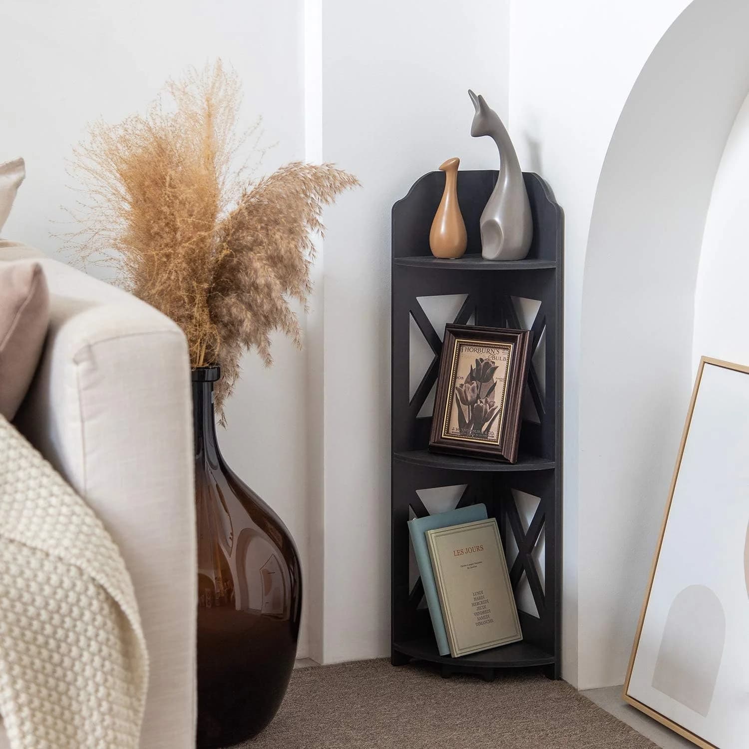TuoxinEM Corner Table Great for Small Tiny Space Perfectly, Corner Bathroom Shelf Fit for Toilet Paper Storage, Black