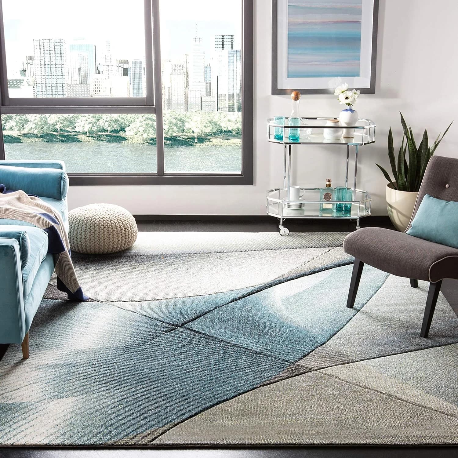 SAFAVIEH Hollywood Collection Area Rug - 9' x 12', Grey & Teal, Mid-Century Modern Design, Non-Shedding & Easy Care, Ide