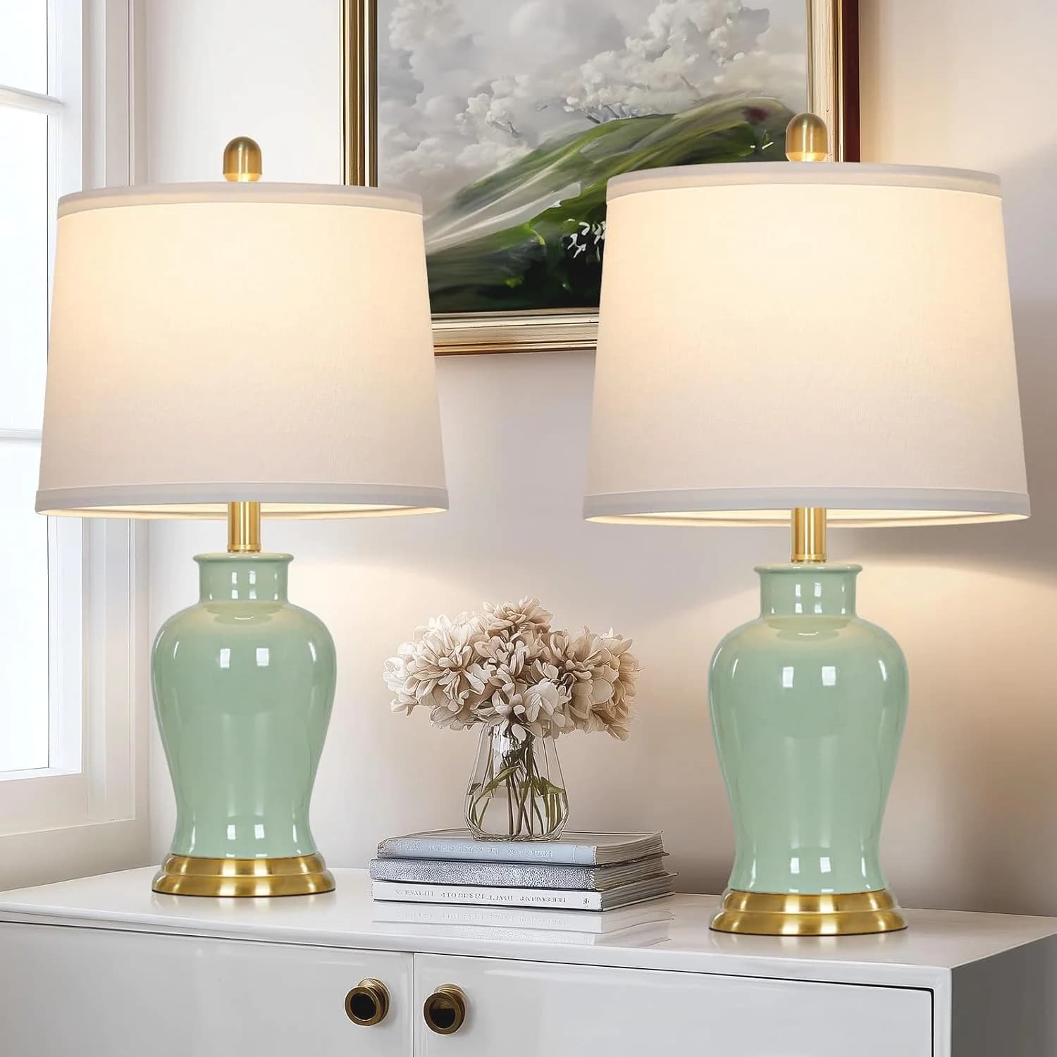 Ruzectt Green Ceramic Lamps Set of 2, 23" Modern Table Lamps for Living Room, Classic Bedside Lamp with Ginger Jar Desig