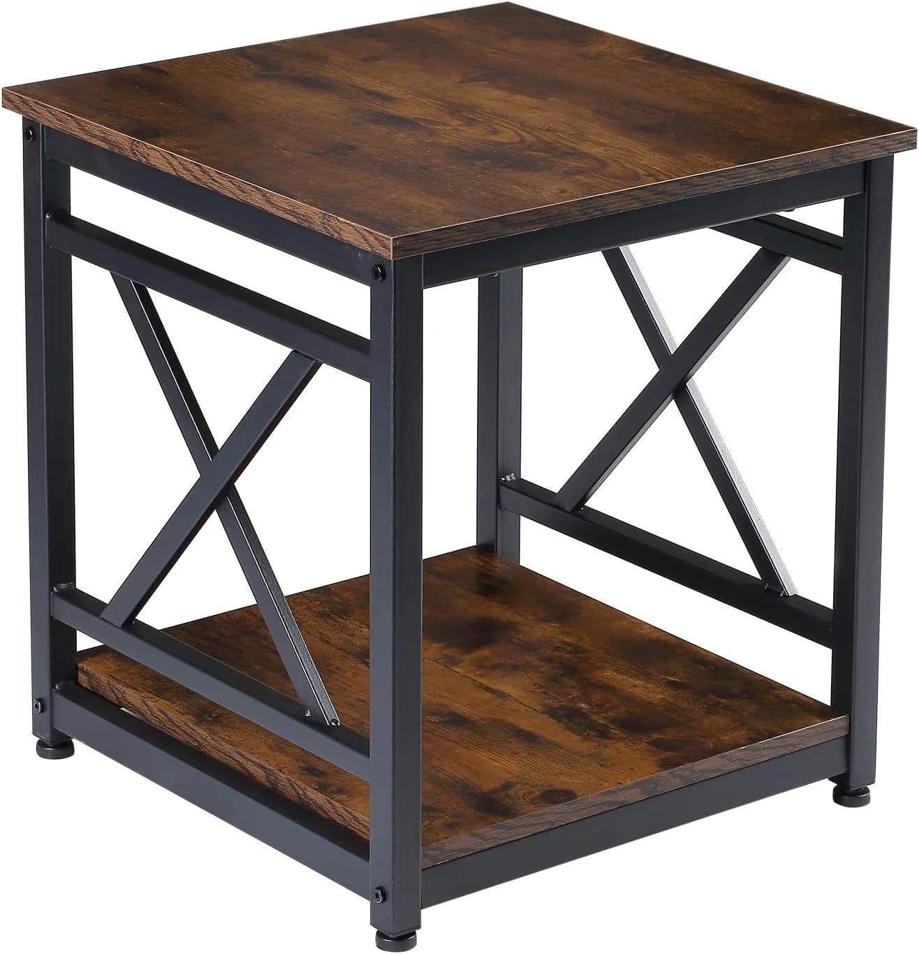 KSWIN Industrial End Table, 18" Square Side Table with 2-Tier Storage Shelf, X-Design Metal Frame, Rustic Brown Nightsta