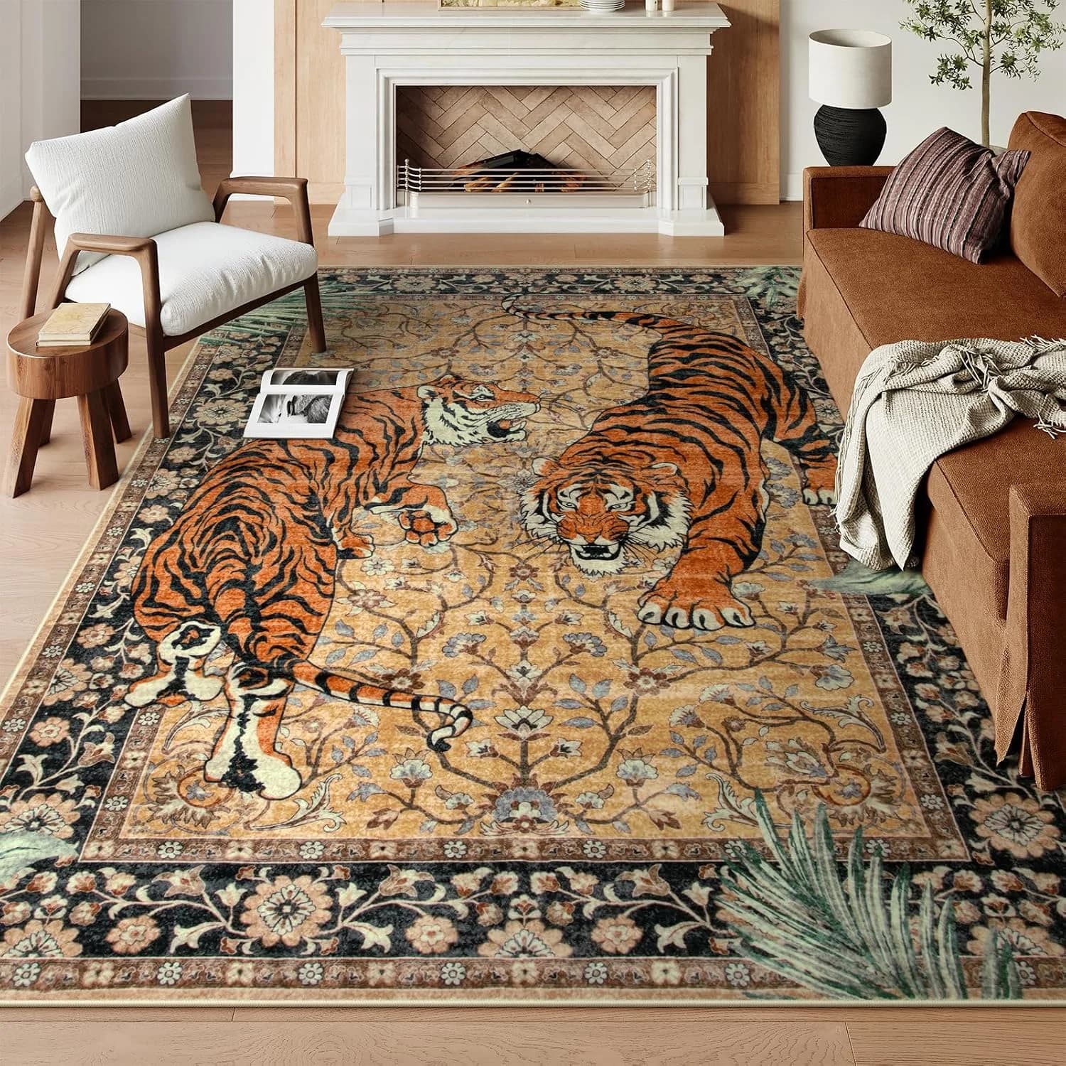 Moynesa Tiger 8x10 Area Rug, Washable Boho Rugs for Living Room, Vintage Large Soft Dining Room Rug, Non Slip Ultra Thin