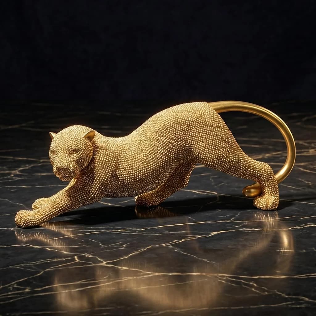 Leopard Statue Home Decor - 15 Inch Gold Cheetah Figurine & Animal Sculpture for Living Room, Shelf, Office - Handcrafte