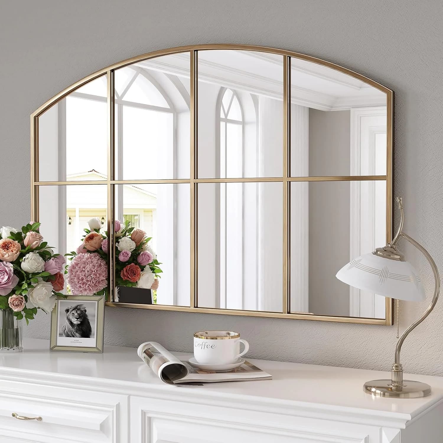 42" x 28" Gold Window Arched Wall Mirror for Fireplace, Entryway