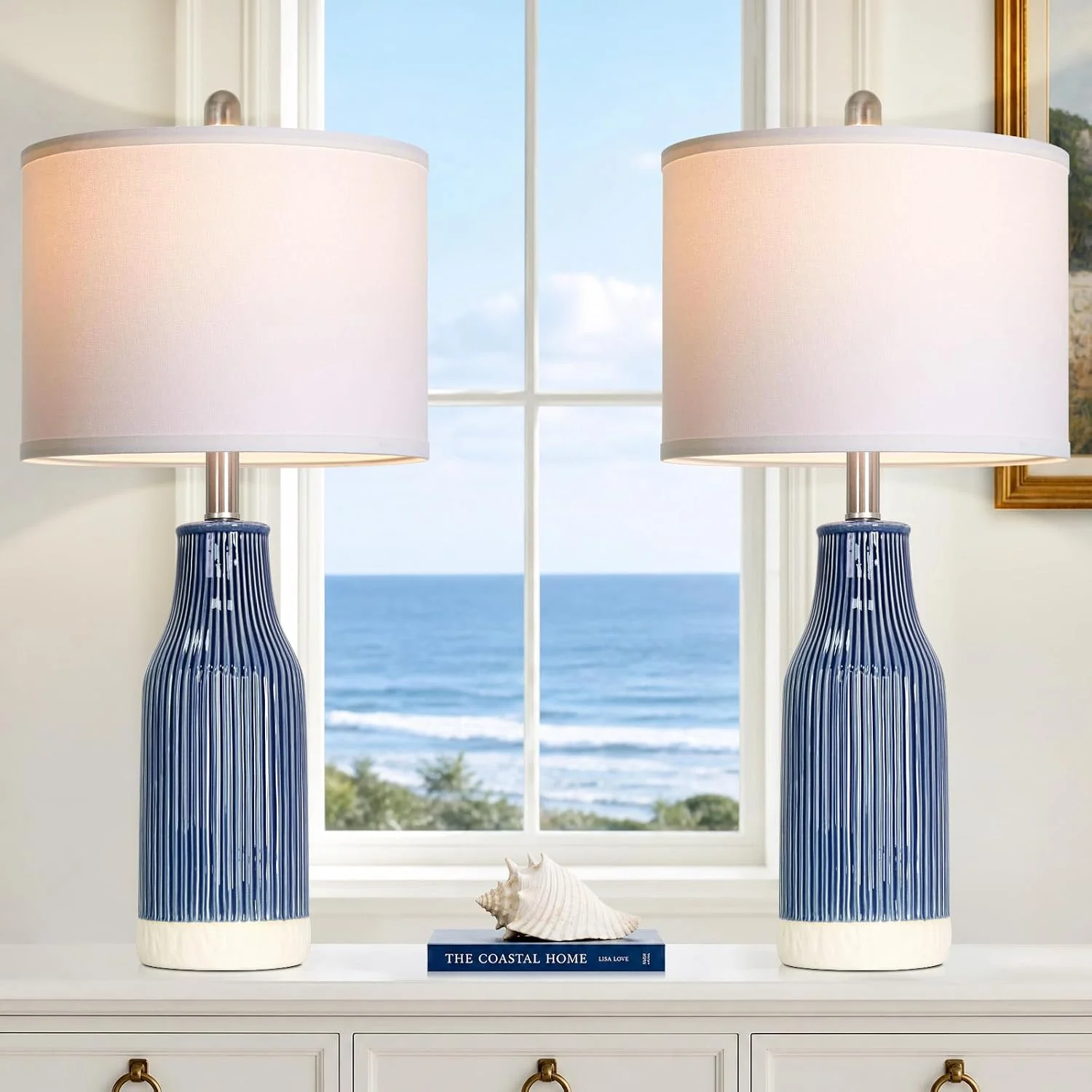 24.5" Blue Ceramic Table Lamps Set of 2 for Bedroom, Modern Table Lamps for Living Room End Table, Small Farmhouse Bedsi