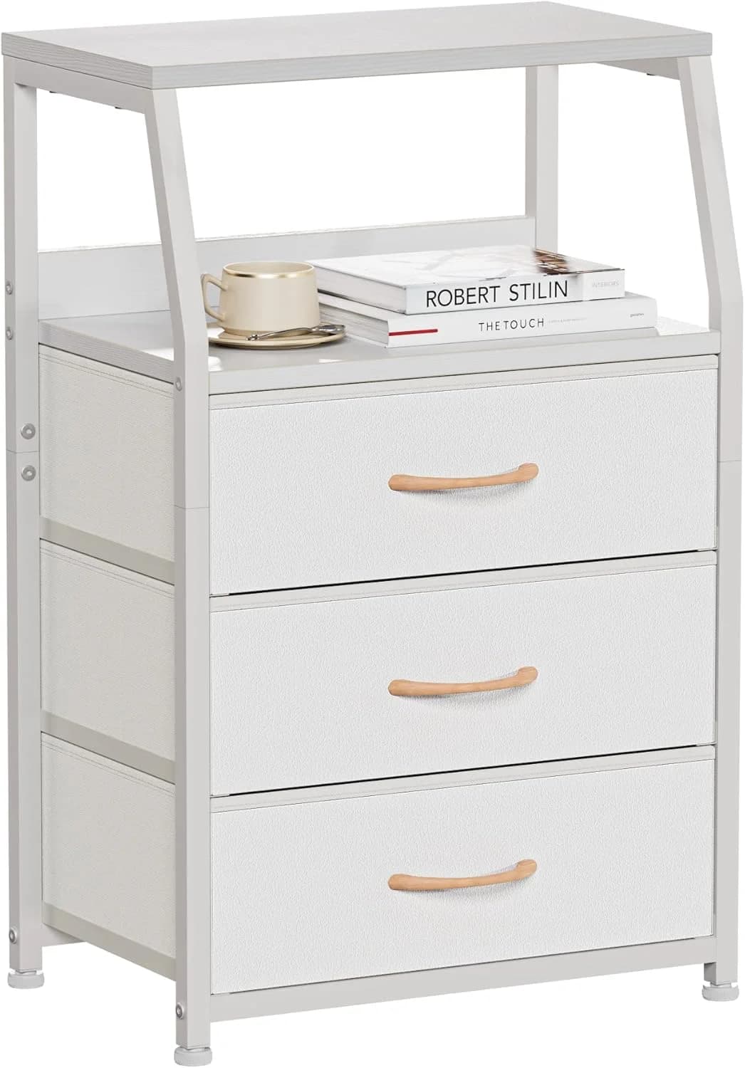 Furnulem White Night Stand with 3 Fabric Drawers, Small Bedside Table