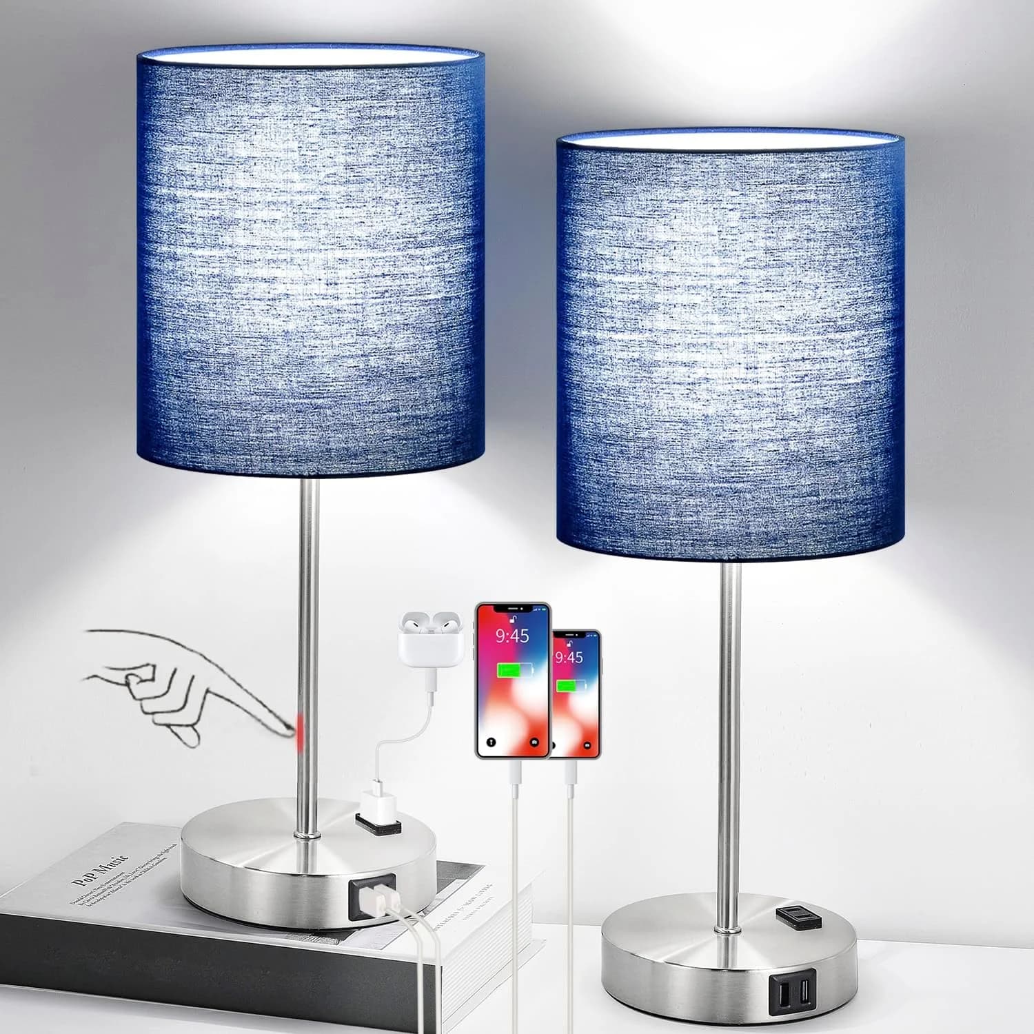Set of 2 Touch Control Table Lamps with 2 USB & AC Outlet, 3-Way Dimmable Bedside Nightstand Lamps for Bedroom Living Ro
