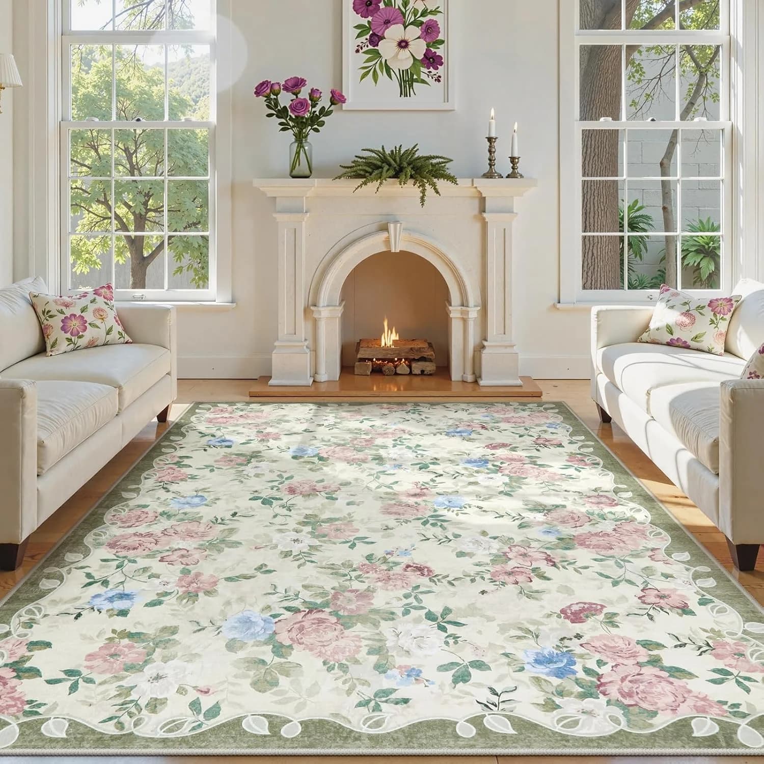 Lahome Cream and Green Vintage Floral 8x10 Rug for Living Room