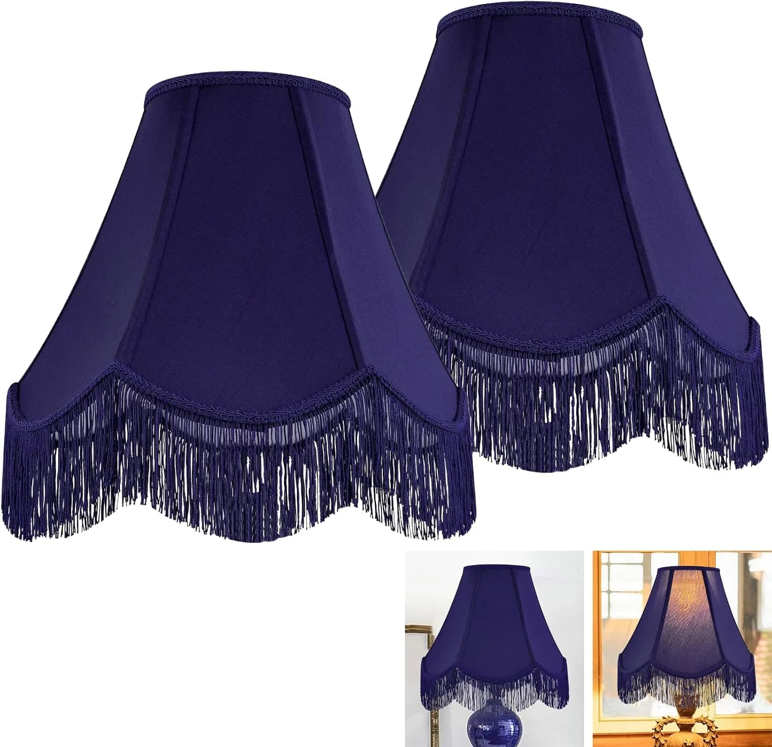 GO&SO Lamp Shade Set of 2,6" x 13" x 10.6",Blue Fringe Scalloped Lamp Shade