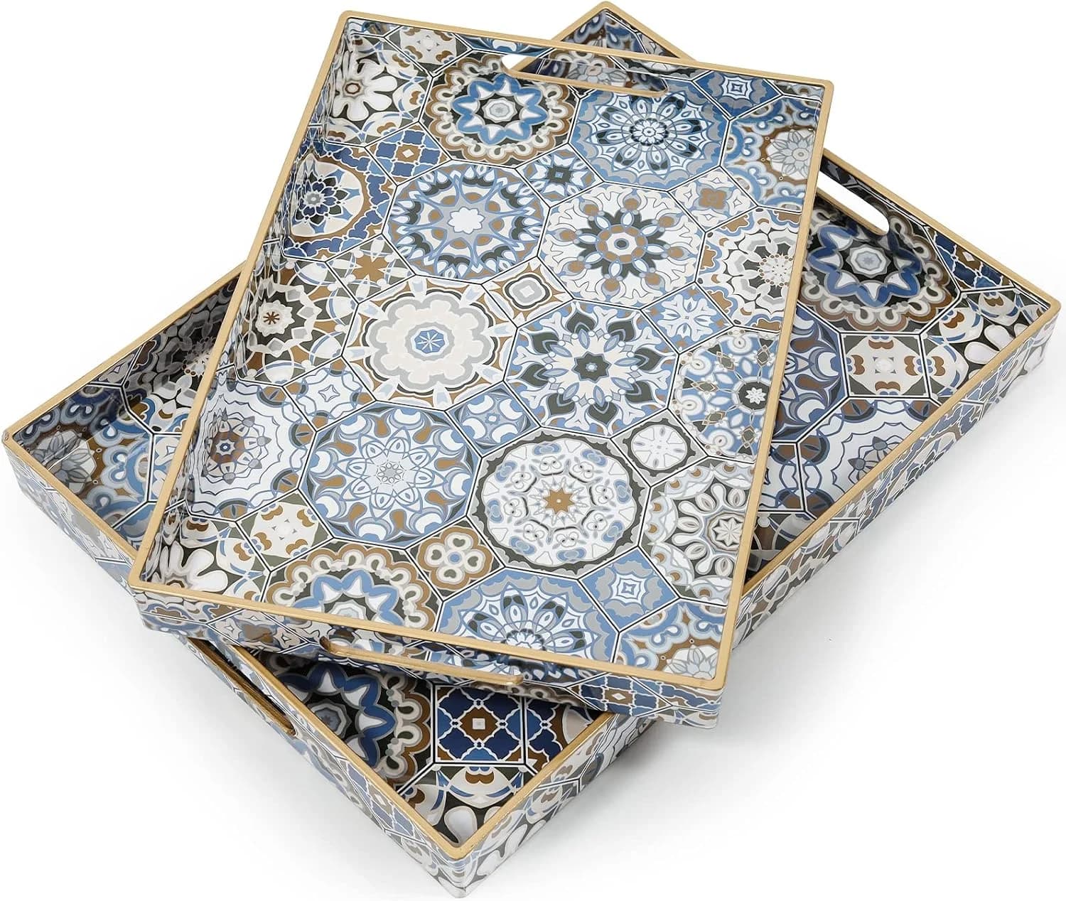 AGIOTA 2 Pcs Serving Tray with Handles Bohemian Decorative Tray Large Ottoman Trays for Living Room Blue Coffee Table Tr