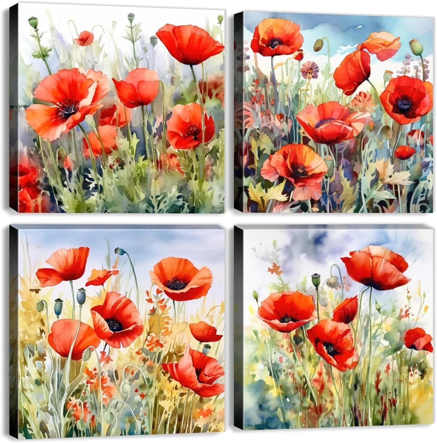AREBOLO Red Poppy Floral Canvas Wall Art Bedroom Wall Decor