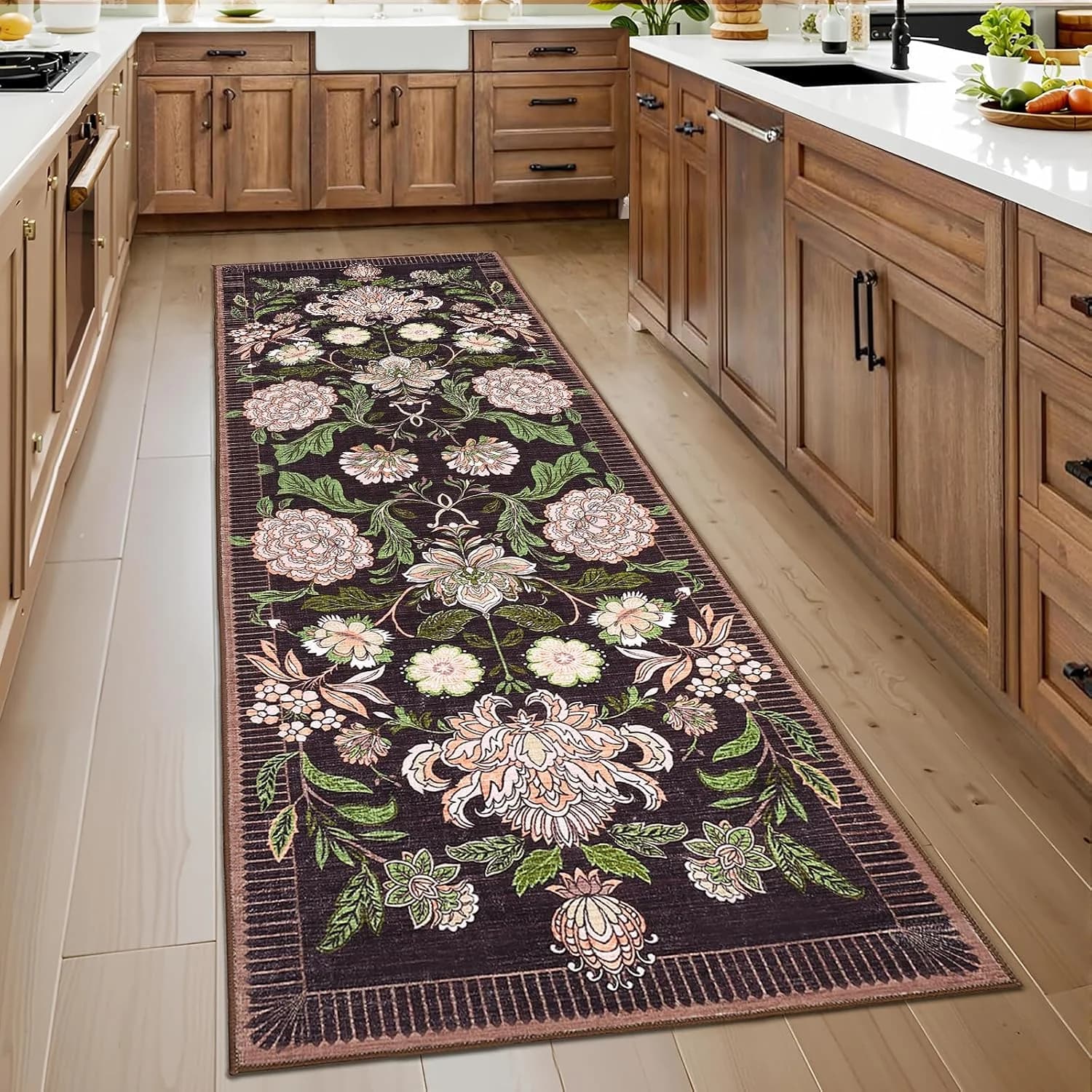GarveeHome Plum Pink Floral Botanical 2.5x8 Washable Kitchen Runner Rugs Non Slip Black Purple Vintage Boho Cottage Long