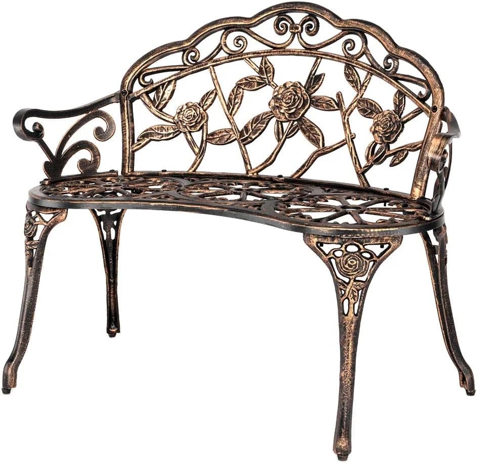 VINGLI 38.5" Patio Park Garden Outdoor Metal Rose Bench, 2-Person Cast Iron Cast Aluminium Frame Antique Finish Chair,Ac