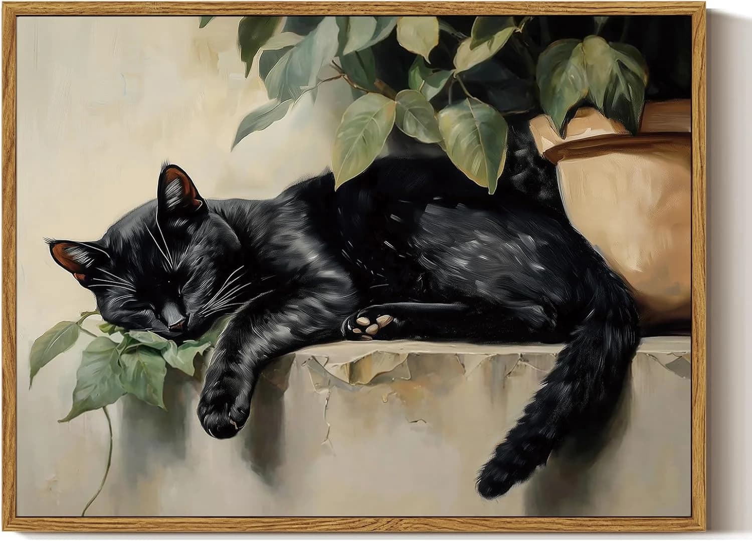 ARPEOTCY Vintage Framed Canvas Wall Art, Sleeping Black Cat Framed Wall Art for Living Room Bedroom Office, Vintage Rust