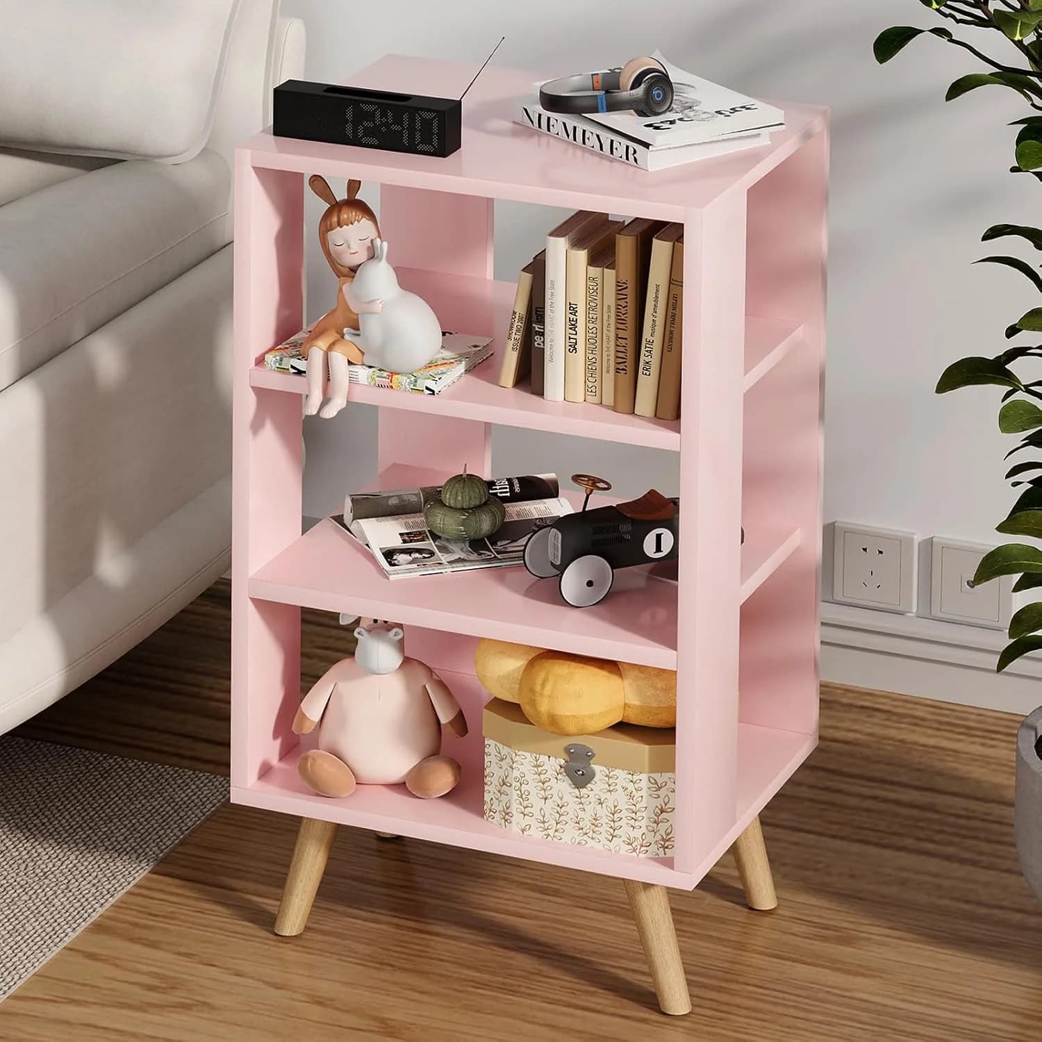Aenuert Night Stand, Pink Nightstand, Modern End Table with Open Storage, 3-Tier Wooden Bedside Table for Small Space, L