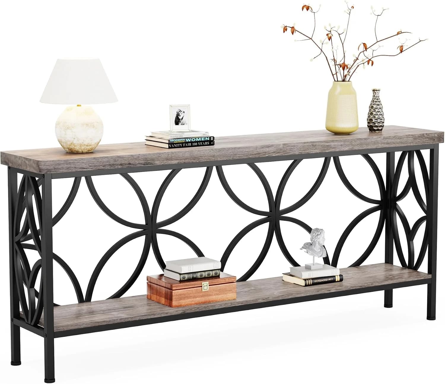 LITTLE TREE Sofa Table, 70.9 Inch Industrial Behind Couch Table with Storage Shelves, Narrow Long Console Table for Entr