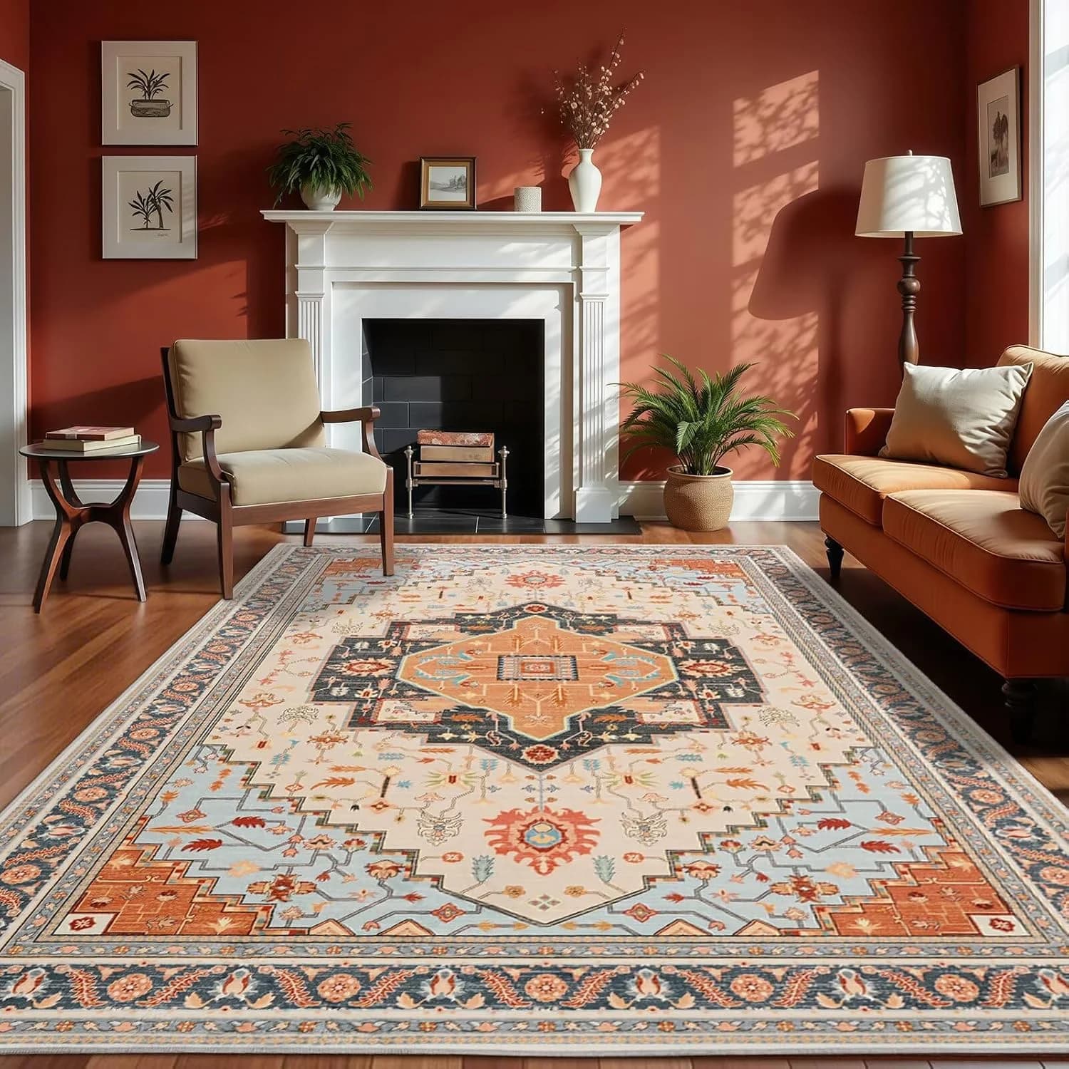 Macgace Washable Vintage Area Rug for Living Room, 5x7 Rugs Orange Beige