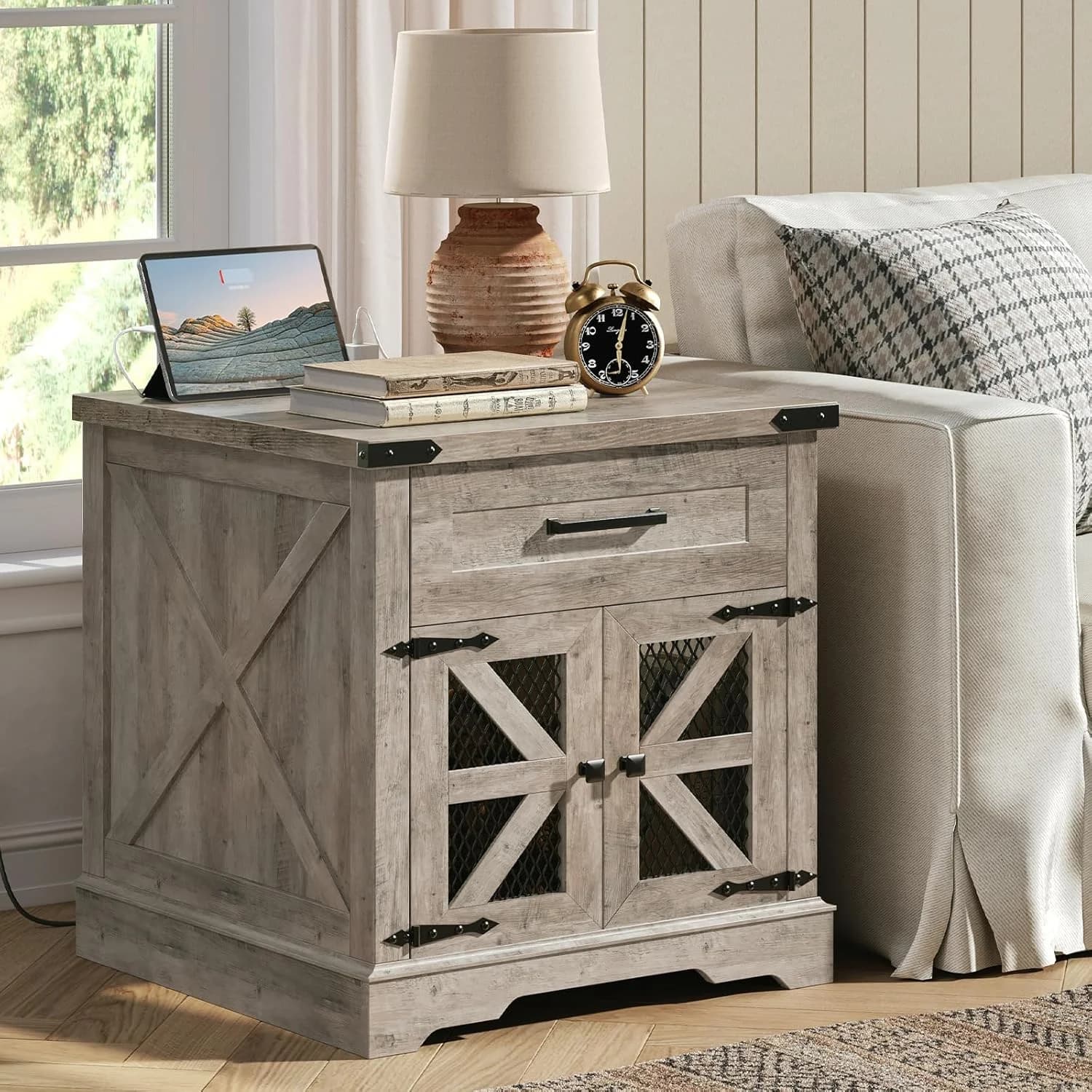 RALGEND Farmhouse End Table with Charging Station, 24" Large Sofa Side Table with Drawer, Large End Table for Living Roo