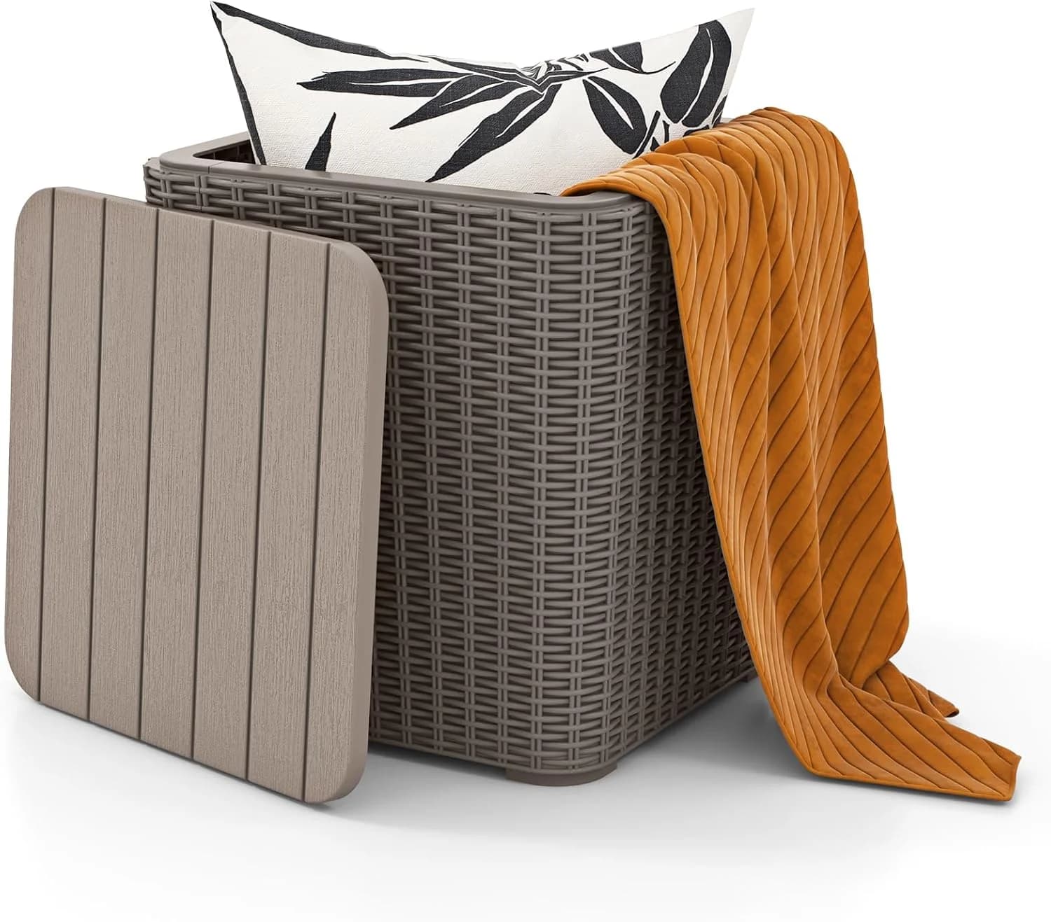 Tangkula 11.5 Gallon Water-proof Deck Box, Outdoor Patio Storage Box w/Removable Lid &, Faux Rattan Storage Container Si
