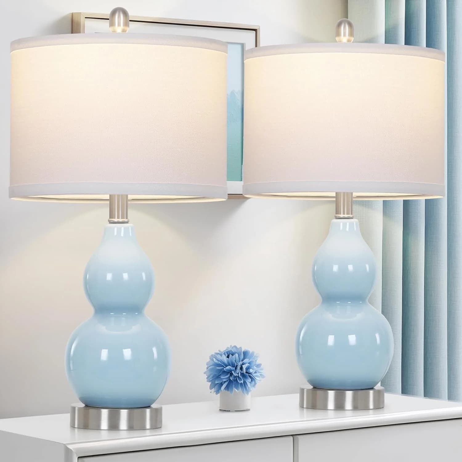 22" Double Gourd Ceramic Table Lamps Set of 2, Blue Modern Bedside Lamps for Living Room, Contemporary Nightstand Desk L
