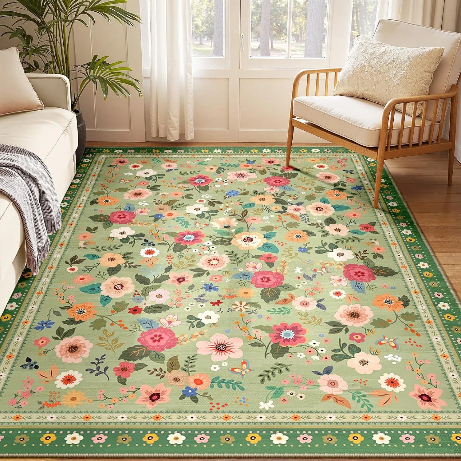 Washable Floral Area Rug for Living Room 5x7 Light Green