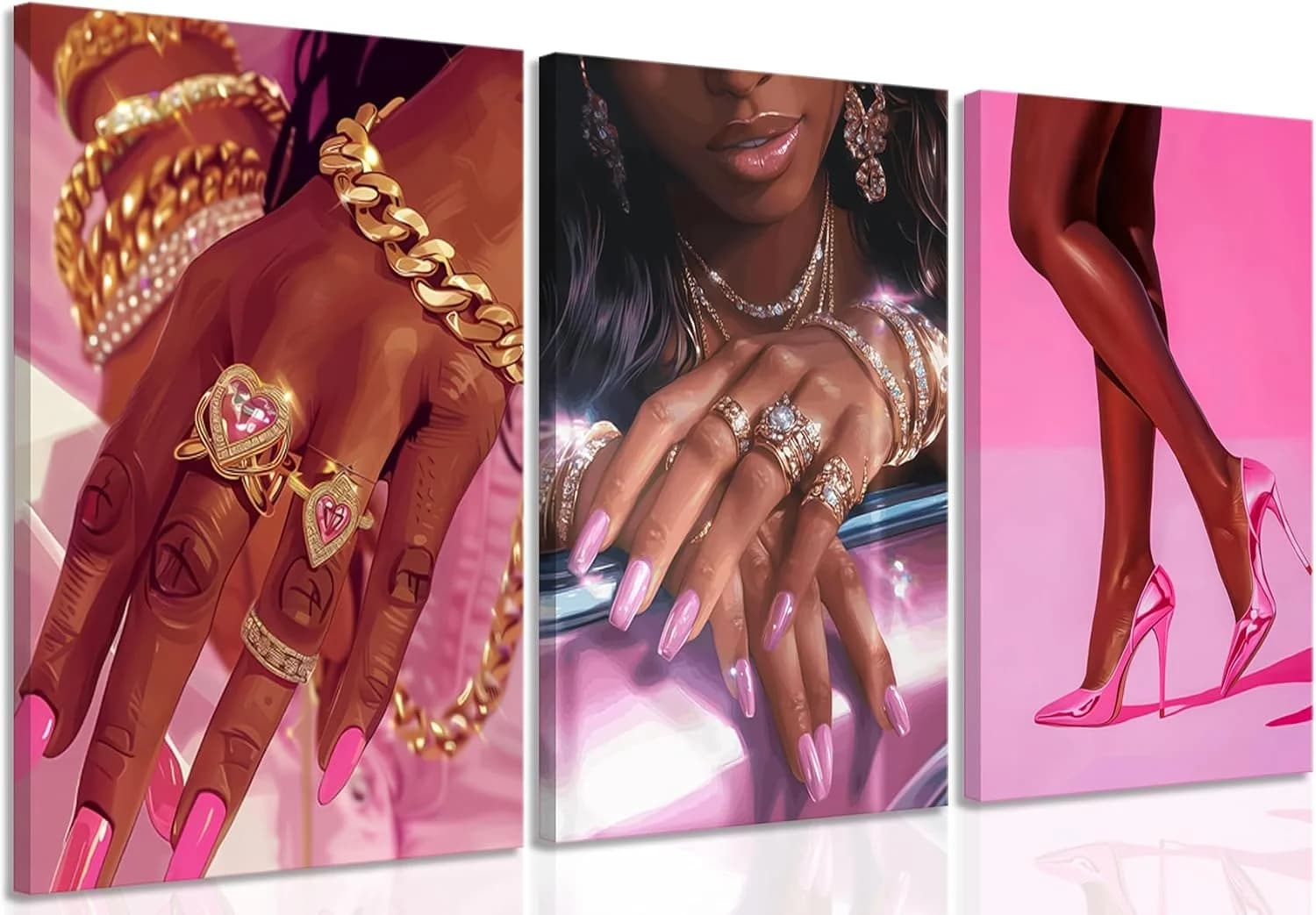 Pink Fashion Black Girl Canvas Wall Art Set of 3 African American Black Woman Posters Wall Decor Fashion Black Woman Pic