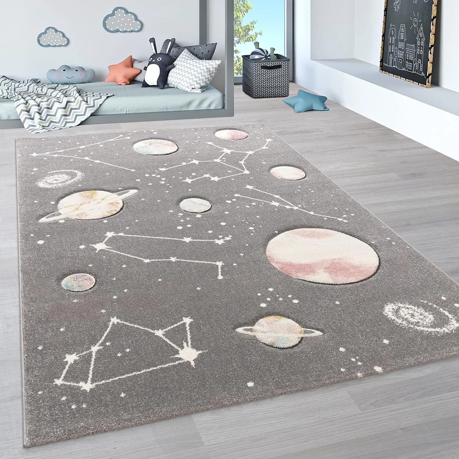 Paco Home Kids Rug Play Rug Space Area Galaxy for Children´s Room Planets and Stars in Grey, Size:5'3" x 7'7"