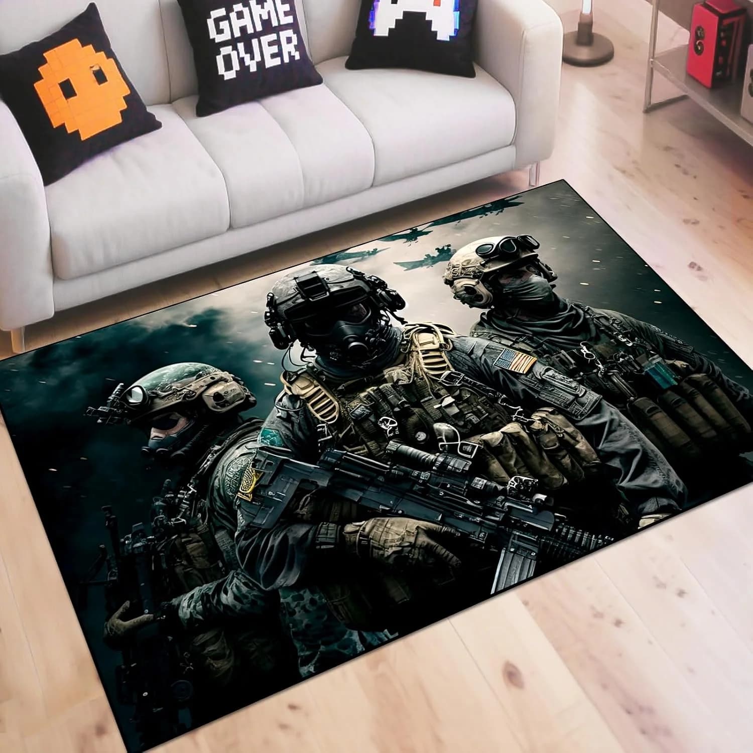 Shooting Game Rug Teen Boys Carpet with Battle Games Element Decoration Mat, War Game Rugs for Boy’s Bedroom Living Room
