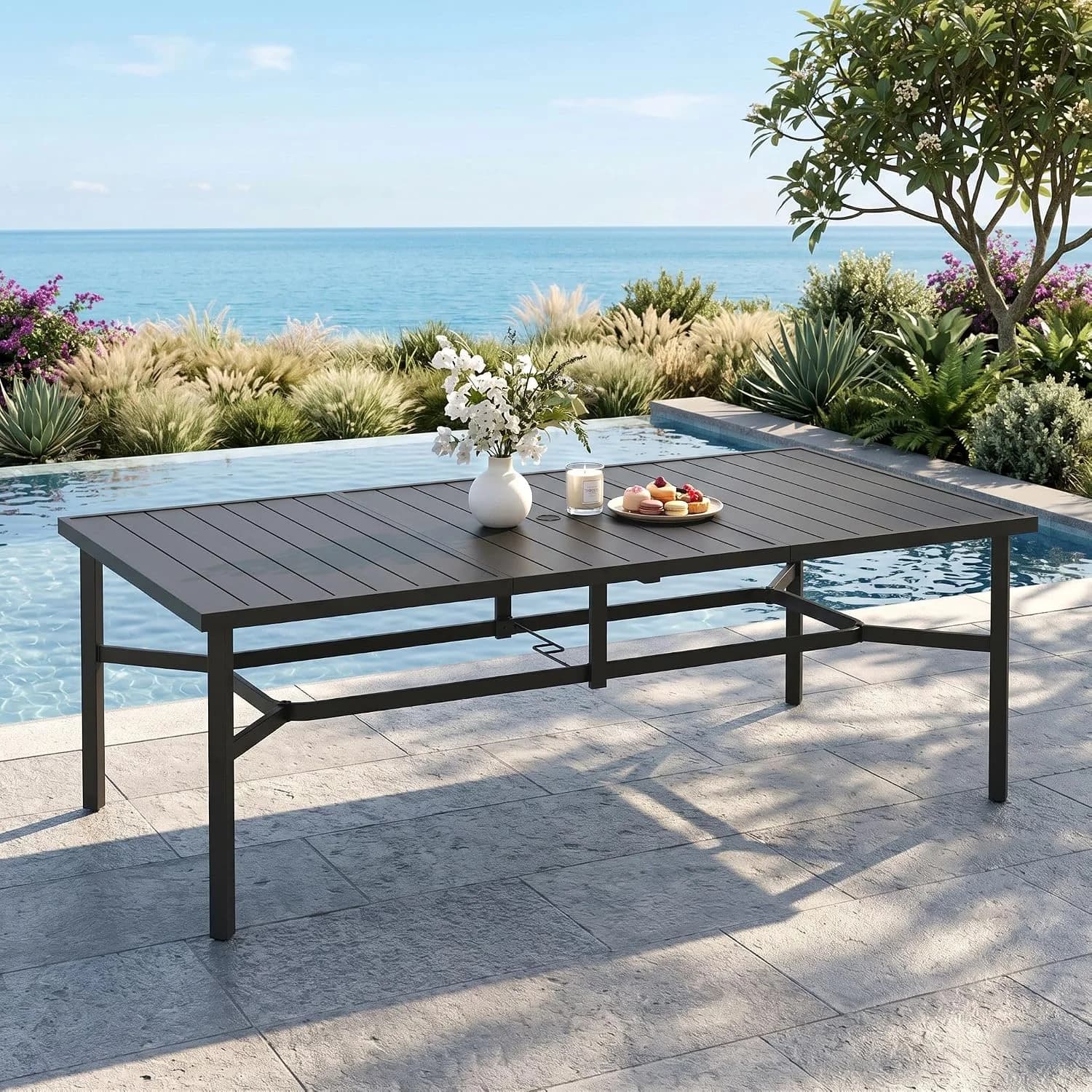 MIXPATIO Outdoor Dining Table for 8, Black Metal Table w/Umbrella Hole