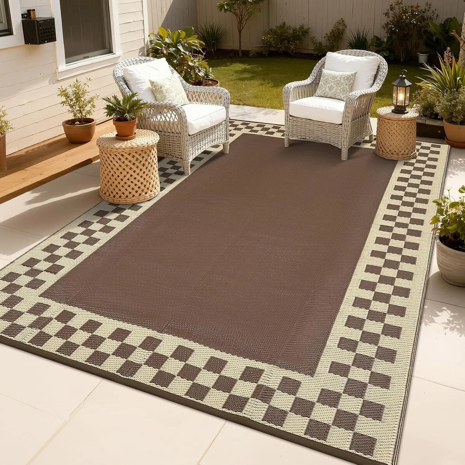 Checkered Outdoor Rug 8x10 Waterproof Modern Bordered Patio Rugs Plastic Straw Rug Large Indoor Outdoor Throw Carpets Re