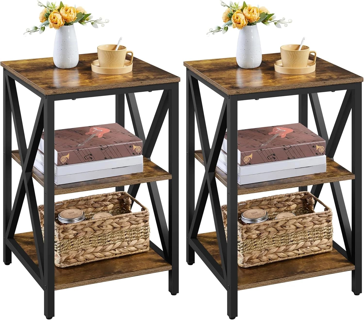 Yaheetech Rustic End Tables Set of 2 Living Room, 3-Tier Industrial Brown