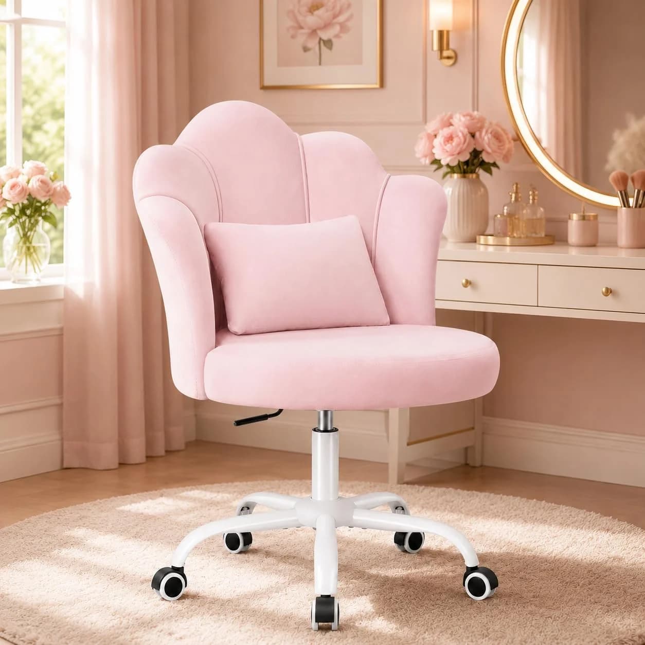 BestGlory Petal Vanity Chair with Wheels, 3.15" Extra Thick Comfy Makeup Chair, Adjustable Modern Swivel Armless Desk Ch