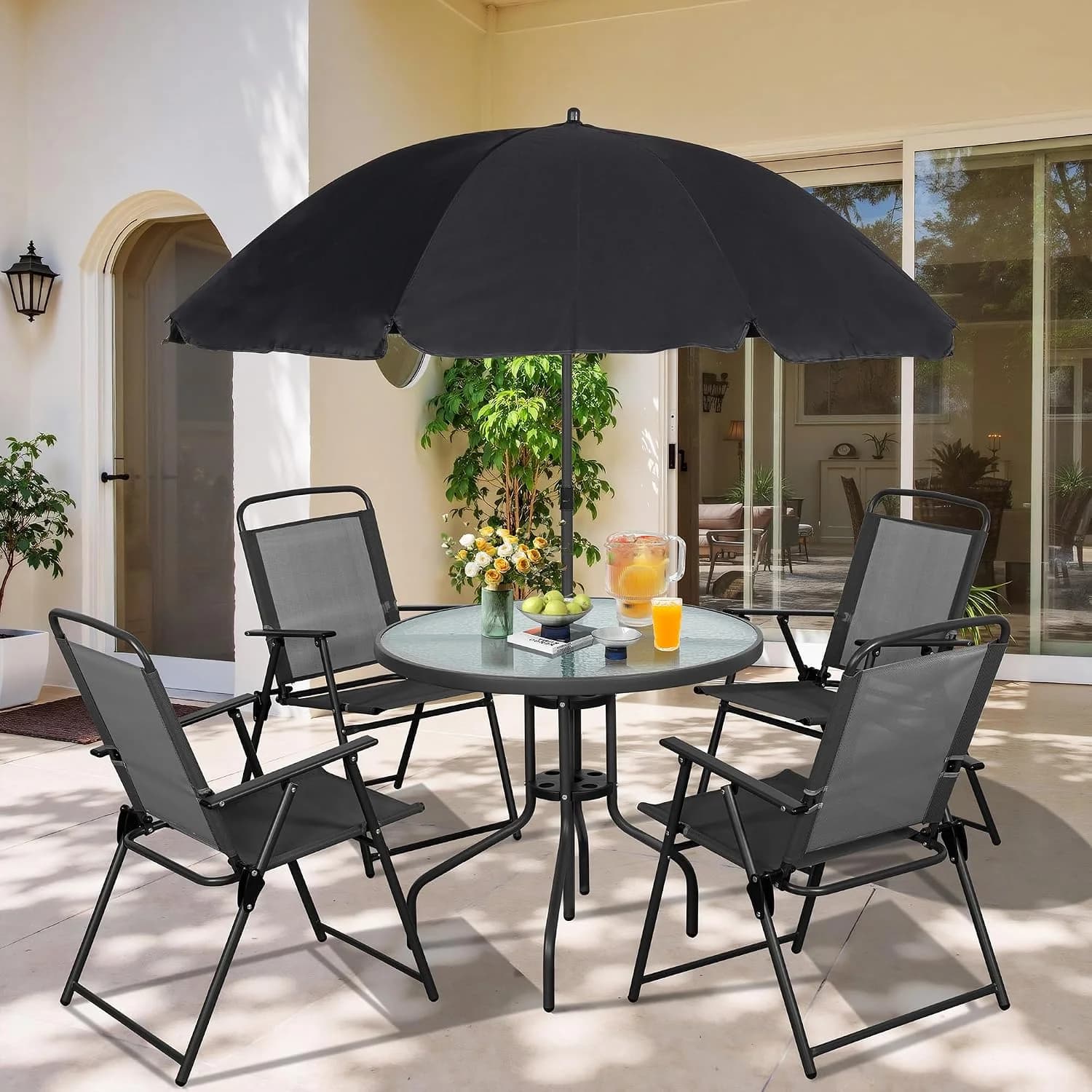 Vongrasig 6 Piece Folding Patio Dining Set,Small Metal Outdoor Garden Patio Table and Chair Set w/Umbrella for Lawn,Deck