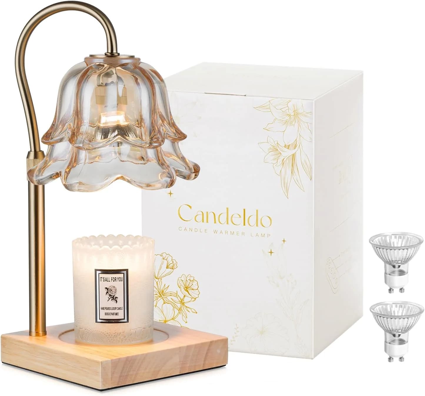 Candeldo Candle Warmer Lamp with Timer, Gold Flower Glass Shade