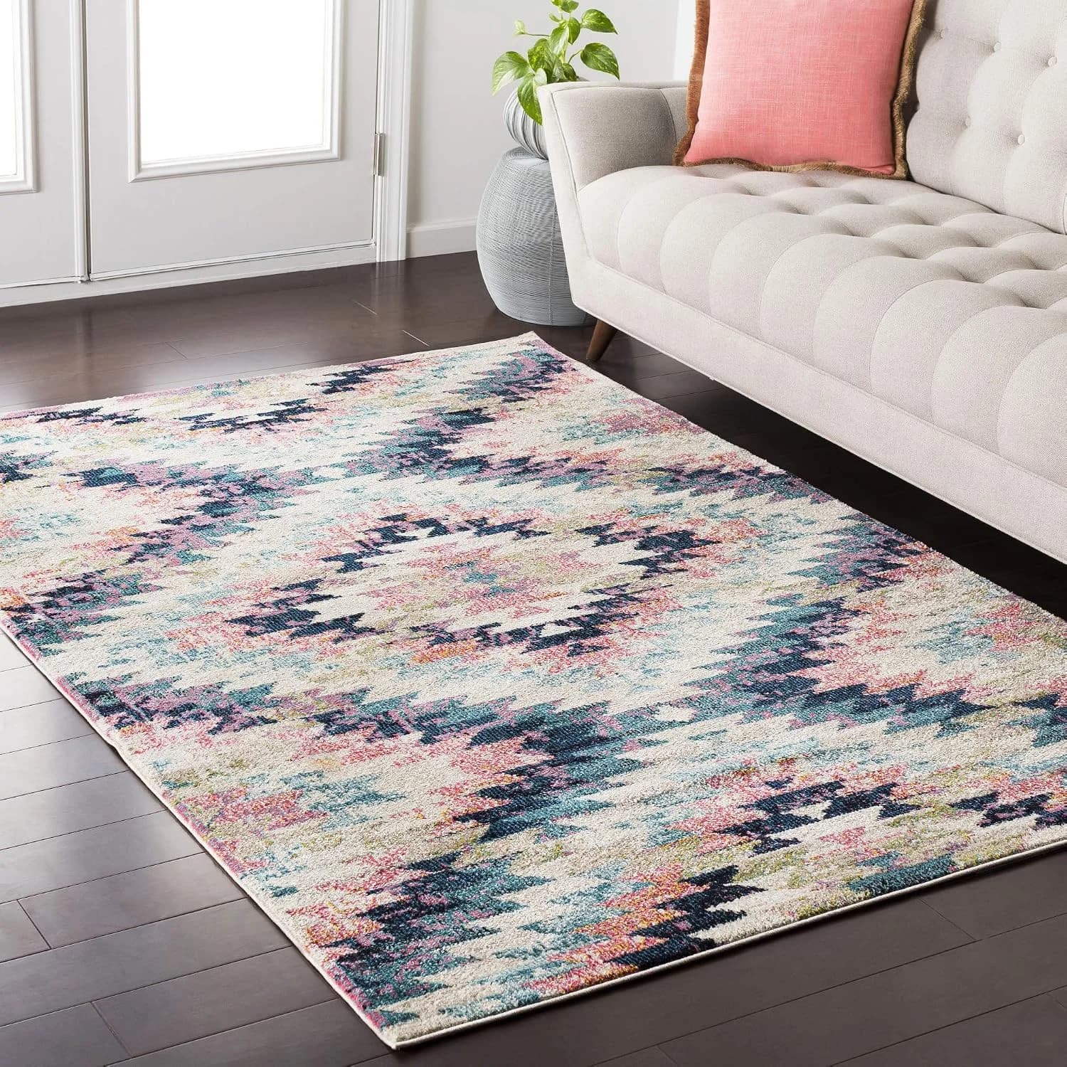 Livabliss Area Rugs - 5x7 Tara Rustic Southwestern Pink Rug for Living Room Bedroom - Blue Beige Boho Geometric Zigzag S