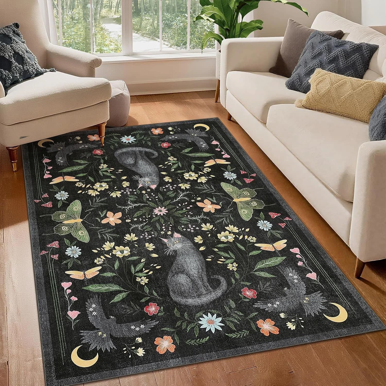 GarveeHome 3x5 Cat Washable Area Rug for Entryway, Mushroom Floral Black Bedroom Rug Non Slip Low Pile Butterfly Carpet