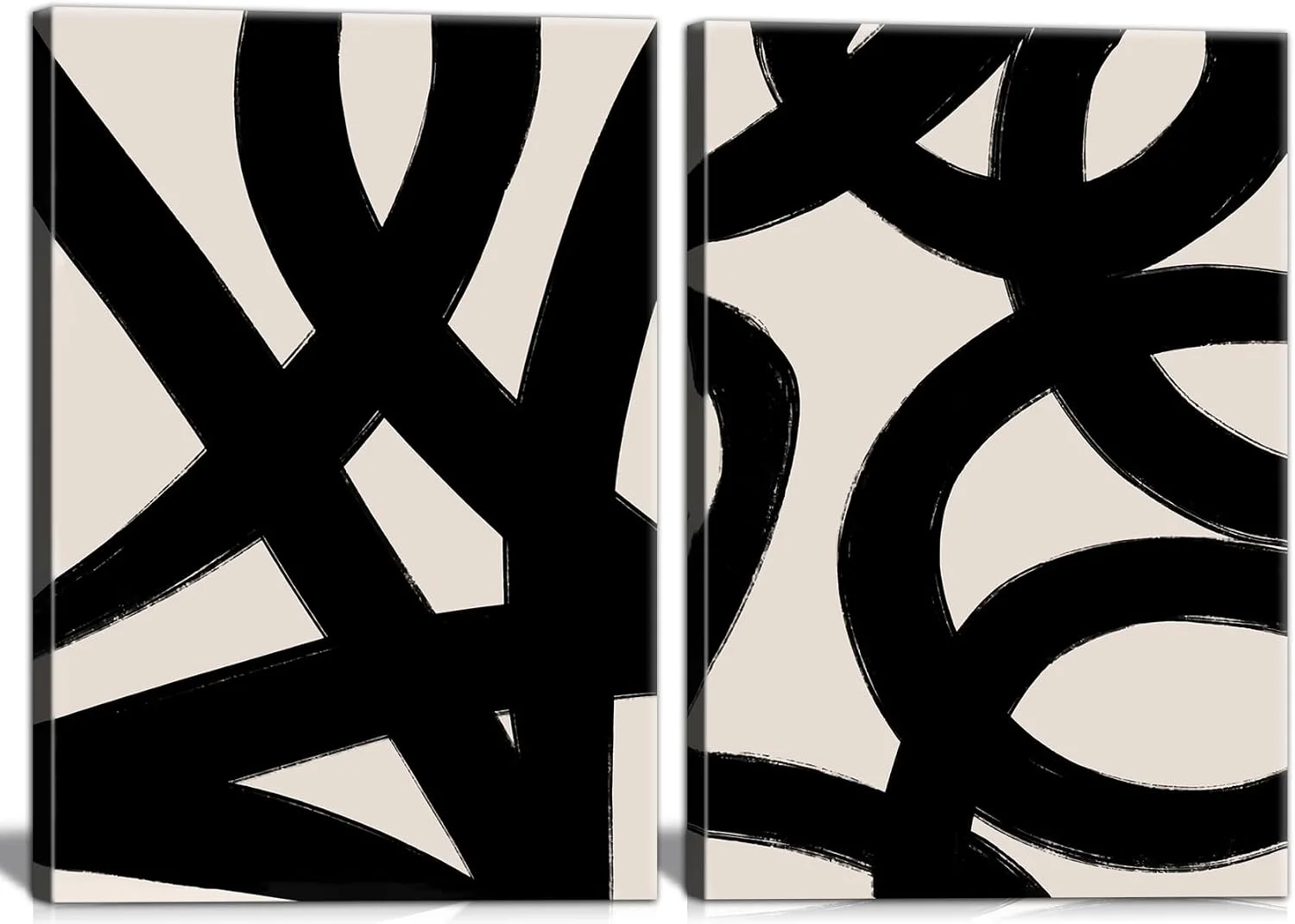 Framed Abstract Wall Art Canvas Set Lines Pictures Modern Mid Century Boho Wall Decor Minimalist Abstract Black Stroke L