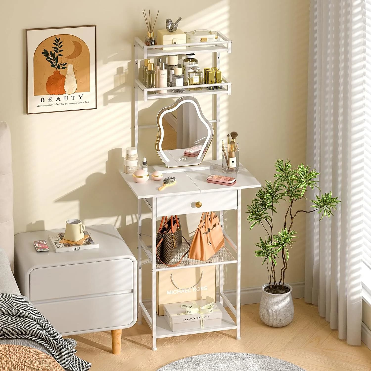 3IngSeagulls Small Vanity Desk Without Mirror, Makeup Vanity Table for Small Space, Compact White Dressing Table with Fa