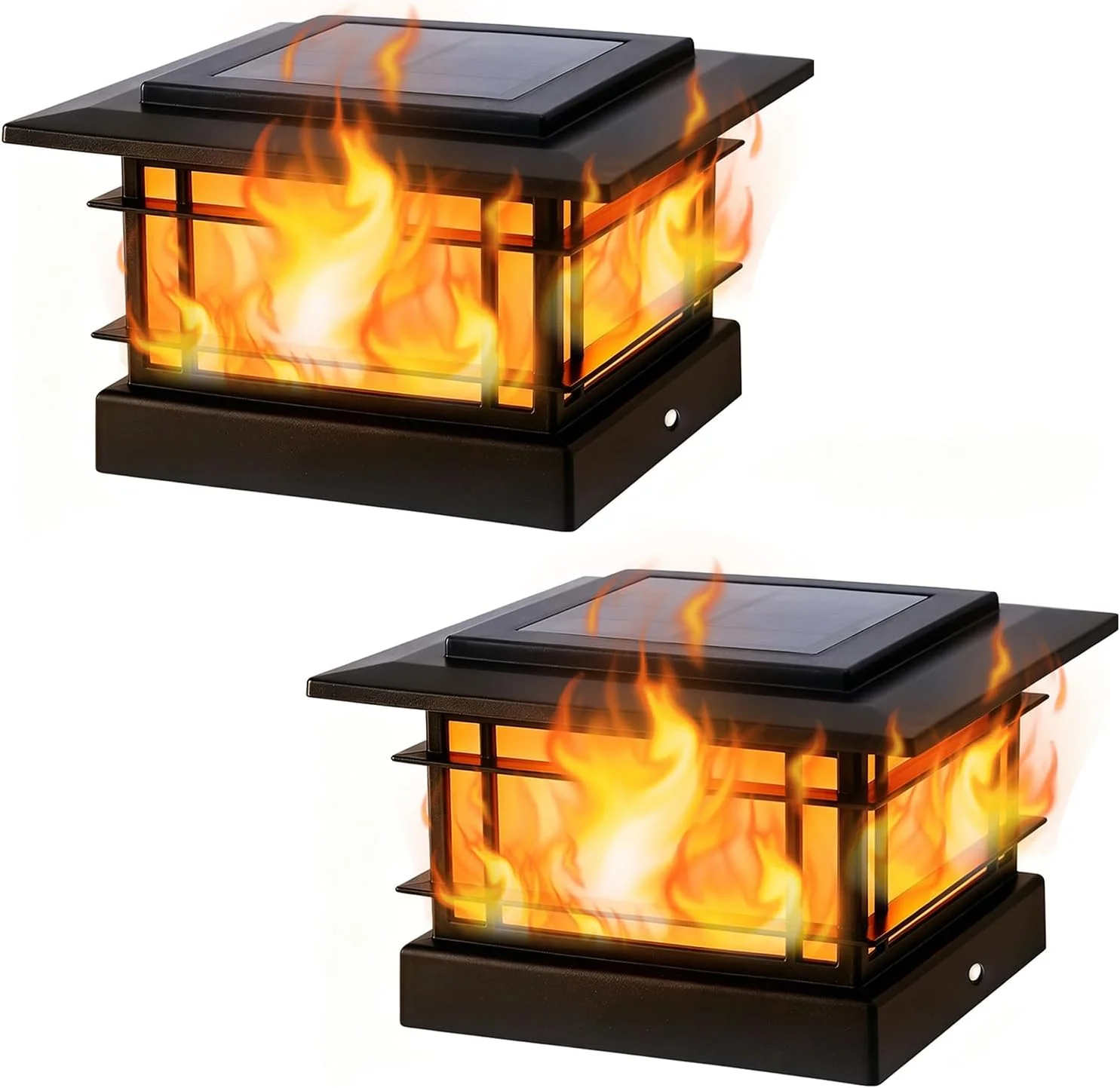Dynaming 4x4 Solar Post Cap Lights Outdoor with Flickering Flame Light, 2 Pack Black Shell Fence Post Solar Lights Fit 4