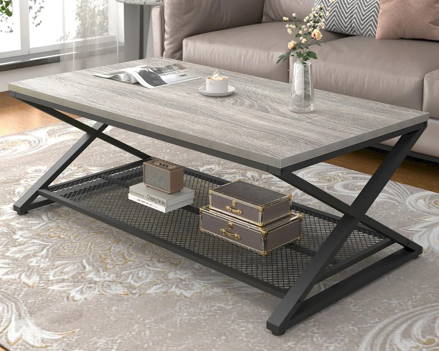 LVB Industrial Coffee Table, Metal Center Table, 47 inch, Light Grey Oak