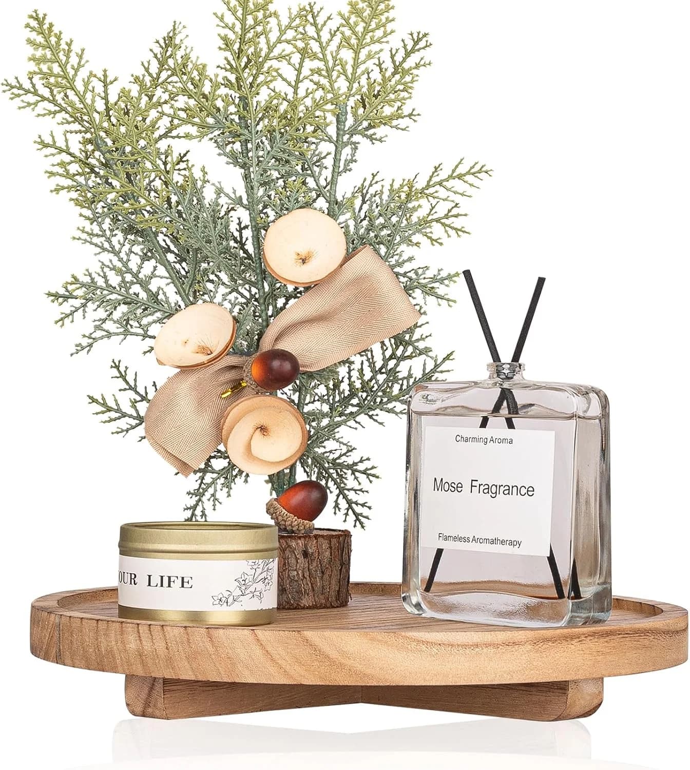 Round Decorative Tray Wood Bathroom Counter Organizer Farmhouse Kitchen Decor Wooden Riser for Soap Dish, Perfume, Candl