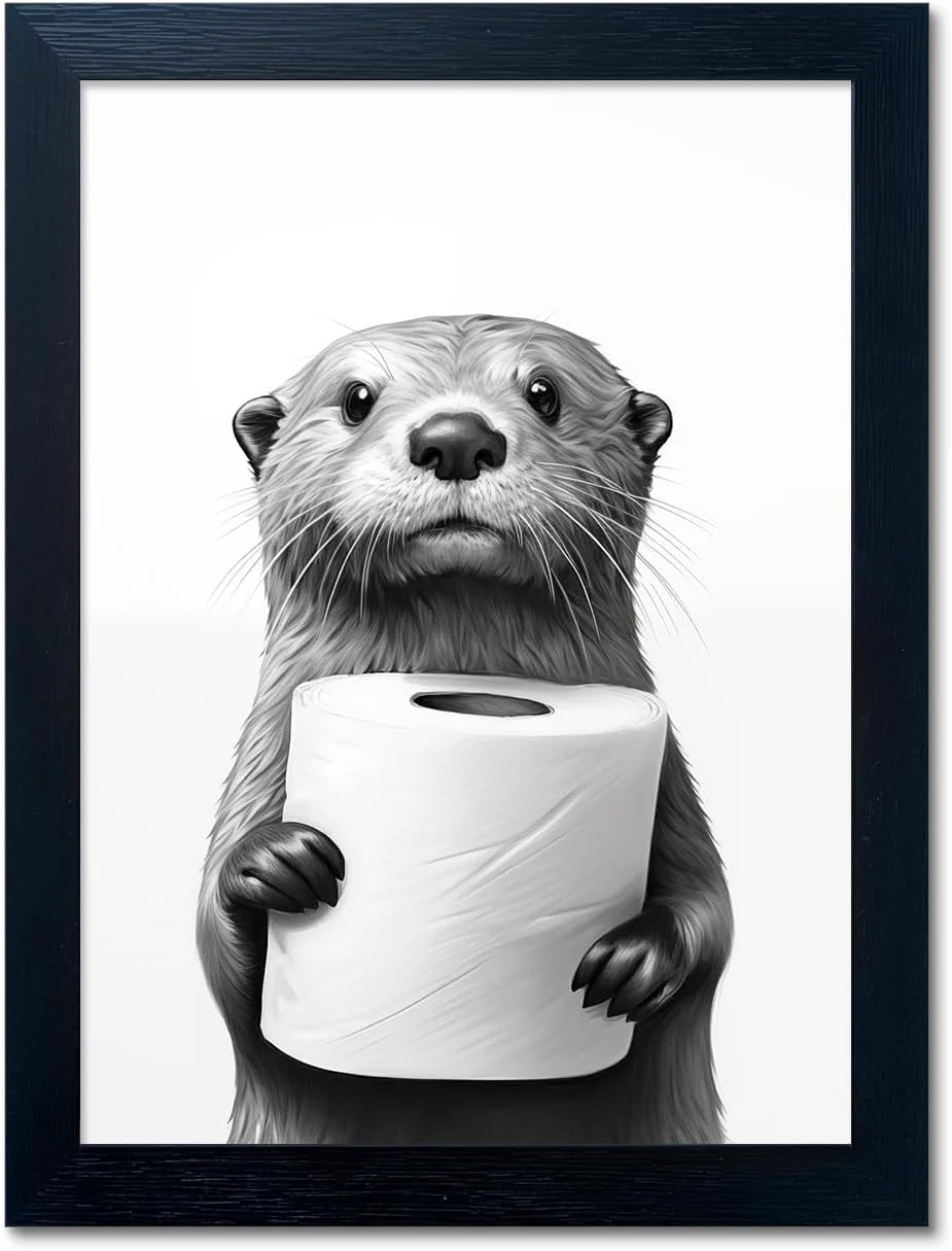 Bathroom Picture Wall Decor, Framed Black and White Bathroom Wall Art, Toilet Paper in Little Funny Raccoon's Hand Anima