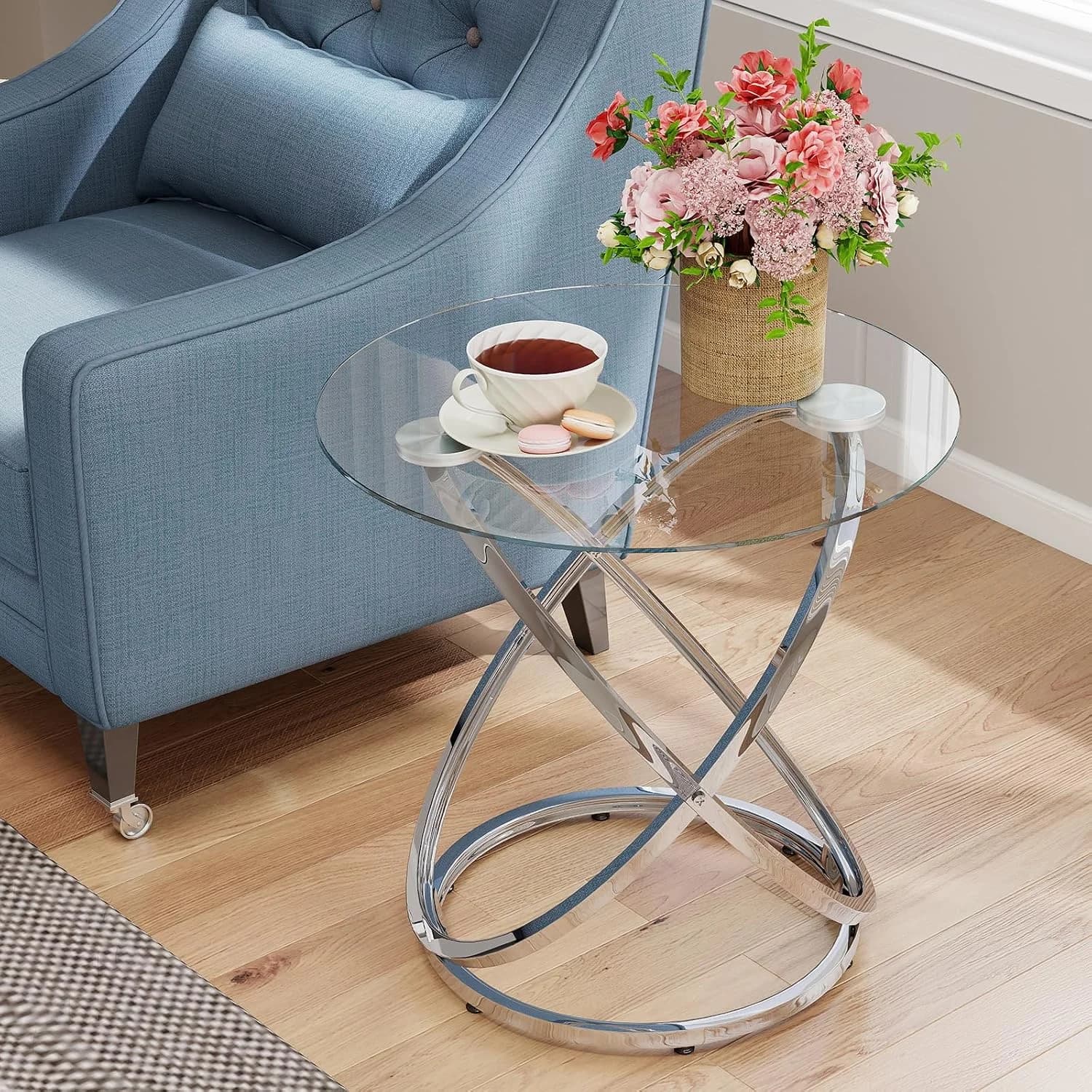 OIOG Glass Round End Table, Modern Contemporary Side Table for Small Space with Tempered Glass Tabletop for Living Room,
