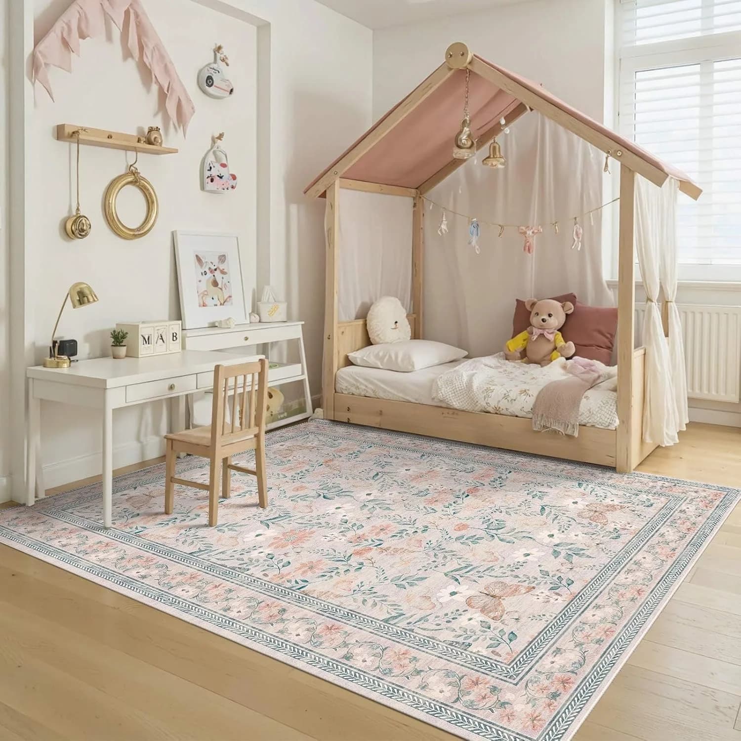 Rugxara 5x7 Pink Floral Boho Washable Non Slip Indoor Area Rug
