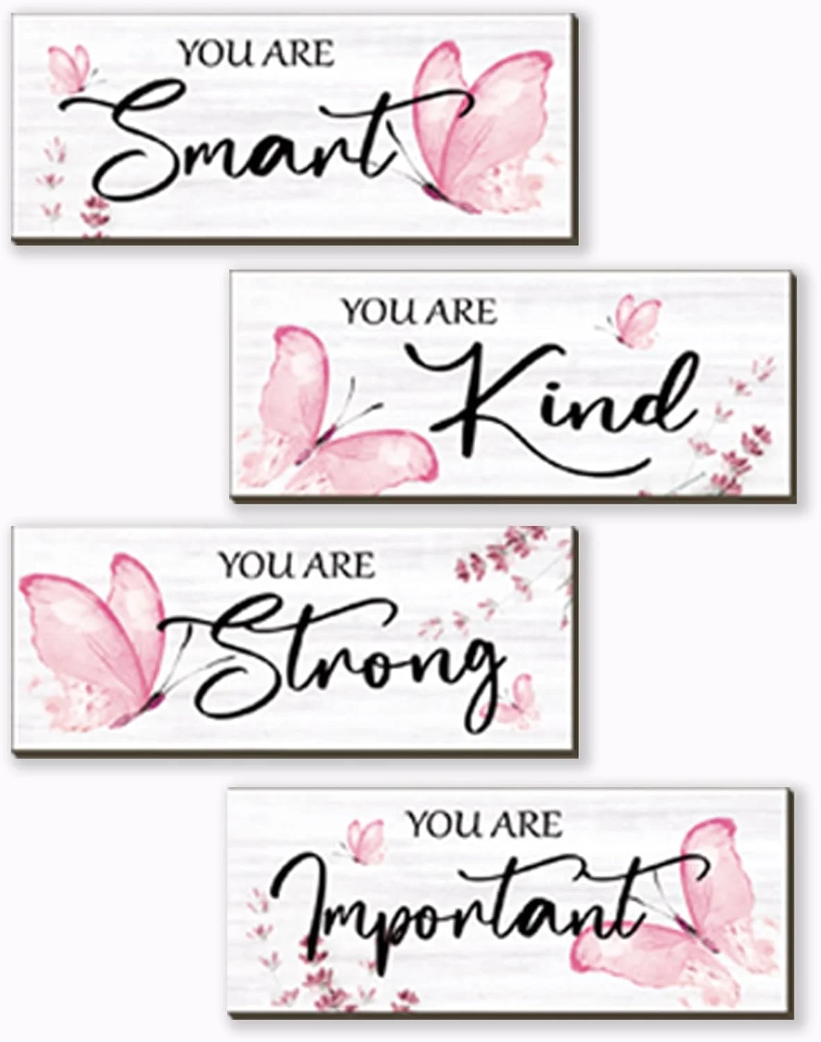 DONFENTHY 4 Pcs Butterfly Wall Decor Pink Room Decor Wooden Positive Butterfly Decor with Inspirational Word Sign for Te