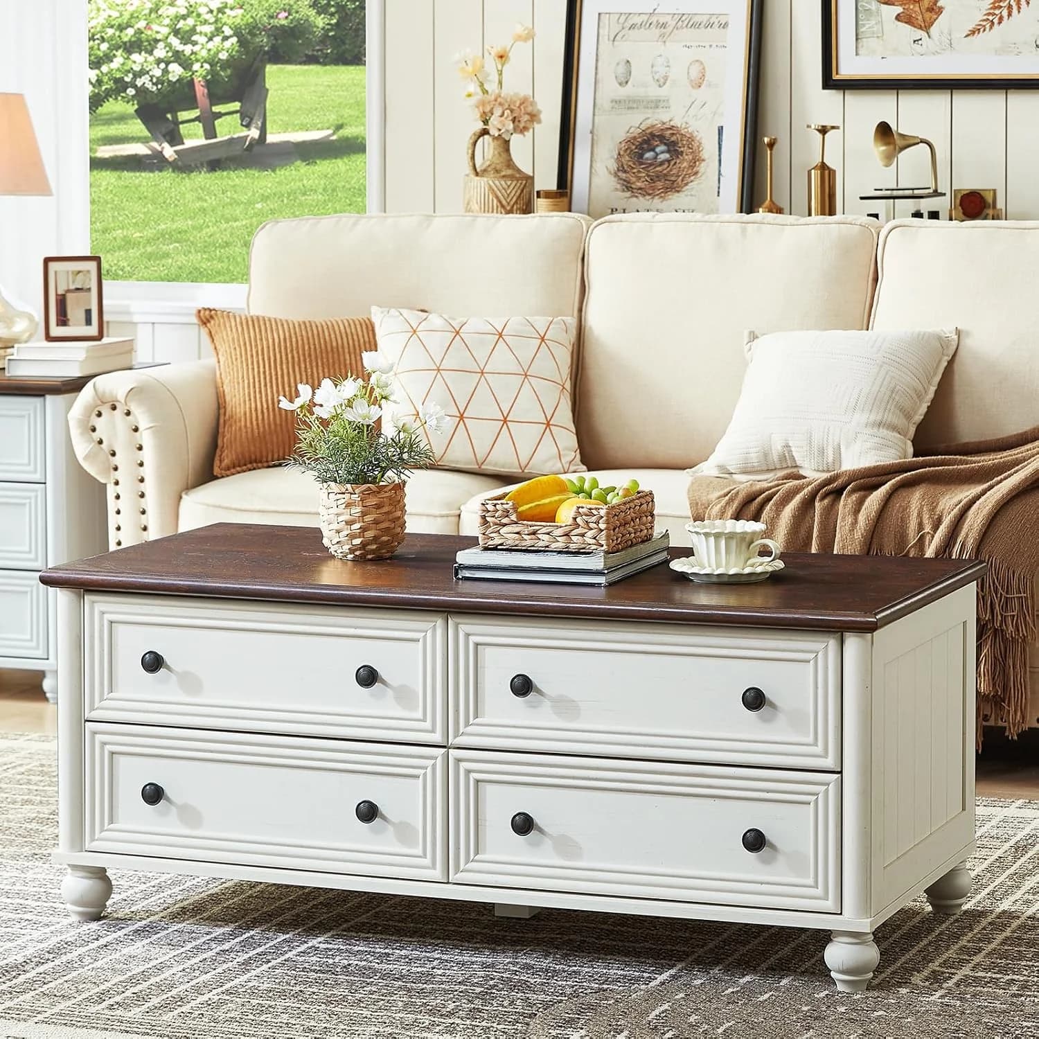 RWYHG 48" Farmhouse White Coffee Table, Center Table with 4 Drawers