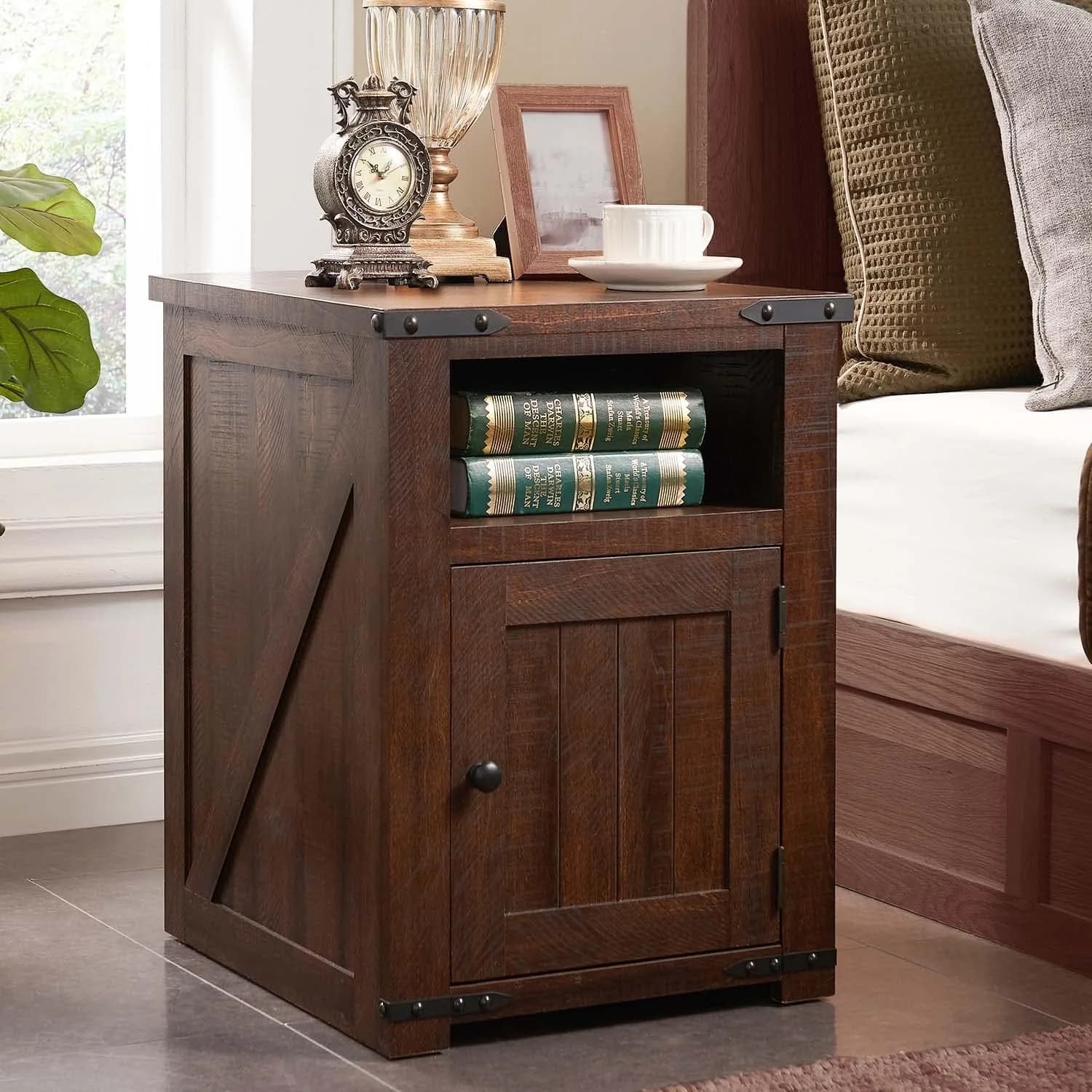 IFGET Farmhouse Nightstand with Charging Station, 24" Tall End Table, Brown